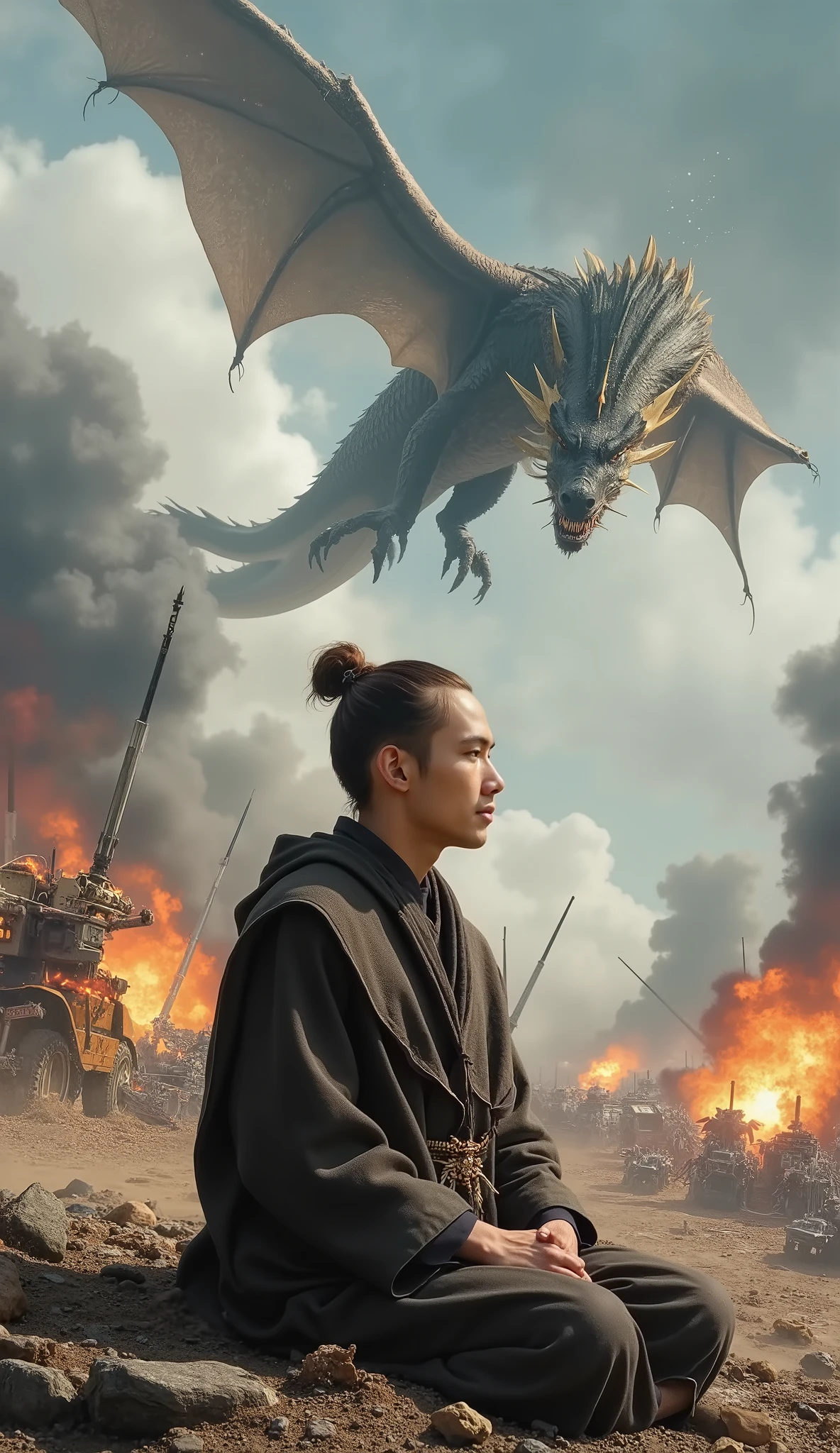 Abstract Painting, fantasy art , Yoshitaka Amano's painting style, ((Calm Madness)), ((A beautiful monk meditating with his eyes closed in zazen on a battlefield where fierce battles are being fought)), explosion, Flaming, blast, Bombs are exploding , A giant dragon dances in the sky, (a sign message which says "May the Force be with you")