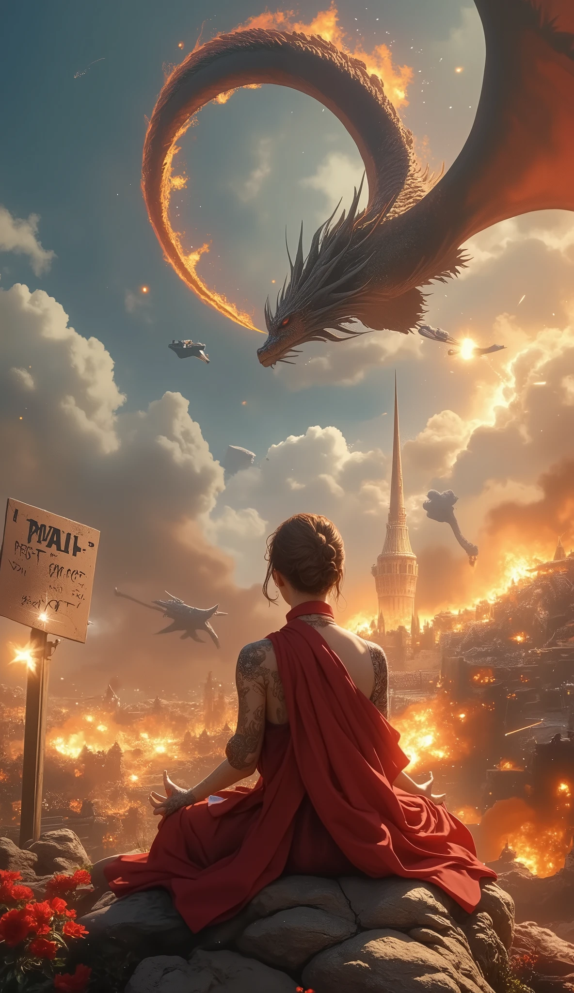 Abstract Painting,   fantasy art , Yoshitaka Amano&#39;s painting style, ((Calm Madness)), ((A beautiful monk meditating with his eyes closed in zazen on a battlefield where fierce battles are being fought)), explosion, Flaming, blast, Bombs are exploding , A giant dragon dances in the sky, (((a sign which says "May the Force be with you")))