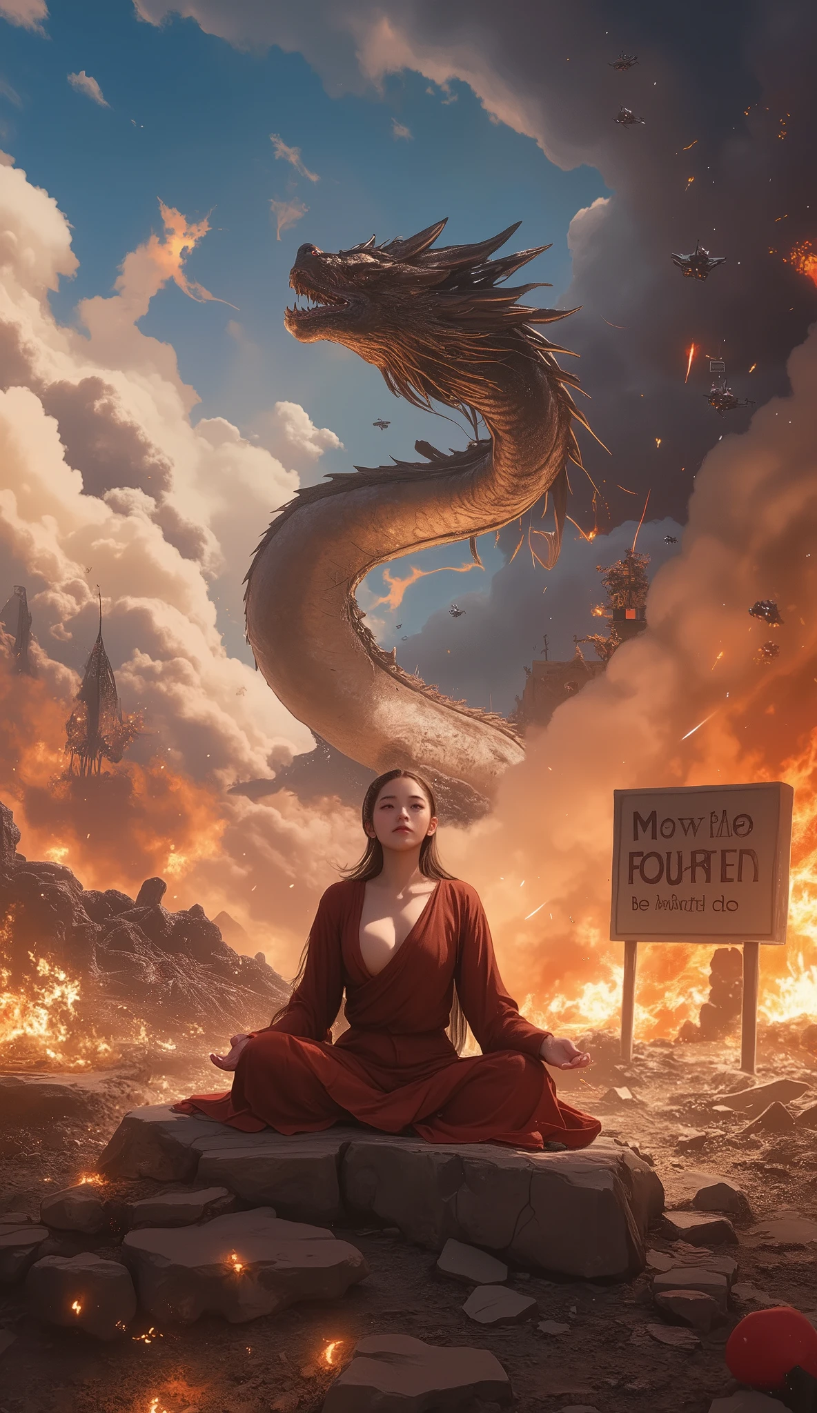 Abstract Painting, fantasy art , Yoshitaka Amano's painting style, ((Calm Madness)), ((A beautiful monk meditating with his eyes closed in zazen on a battlefield where fierce battles are being fought)), explosion, Flaming, blast, Bombs are exploding , A giant dragon dances in the sky, (((a sign which says "May the Force be with you")))