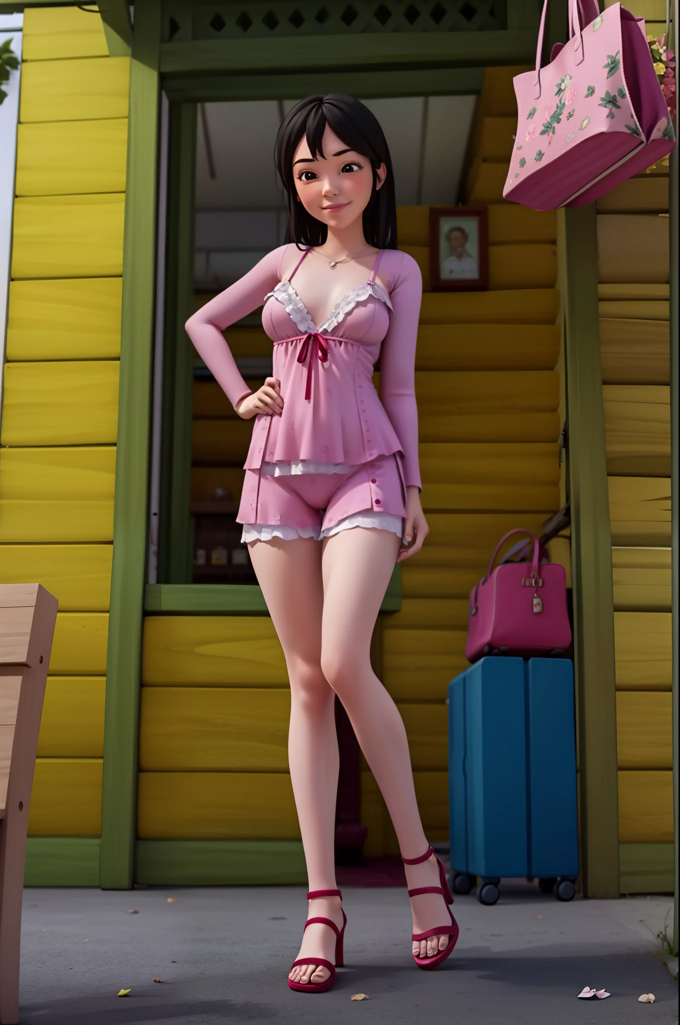 photorealistic, girl, wearing a lingerie , full body, standing grateful at park, heels, little smile