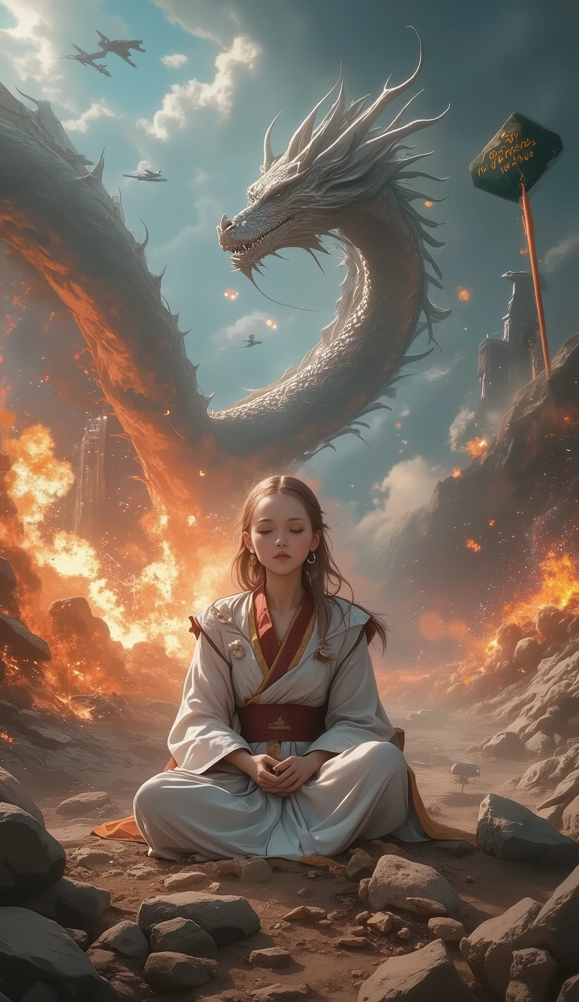 Abstract Painting, fantasy art , Yoshitaka Amano's painting style, ((Calm Madness)), ((A beautiful monk meditating with his eyes closed in zazen on a battlefield where fierce battles are being fought)), explosion, Flaming, blast, Bombs are exploding , A giant dragon dances in the sky, (((a sign which says "May the Force be with you")))
