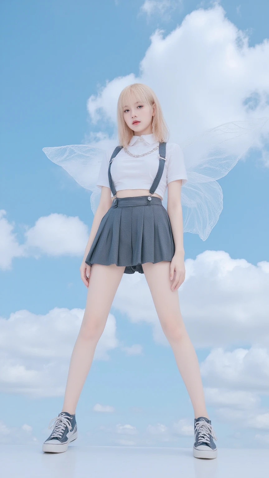 Realistic girl, slender, Small , thin, Real , , Belly Chain, school uniform, see ,(Navel piercing:1.2), Angel Wings, , in the sky, Full of clouds,