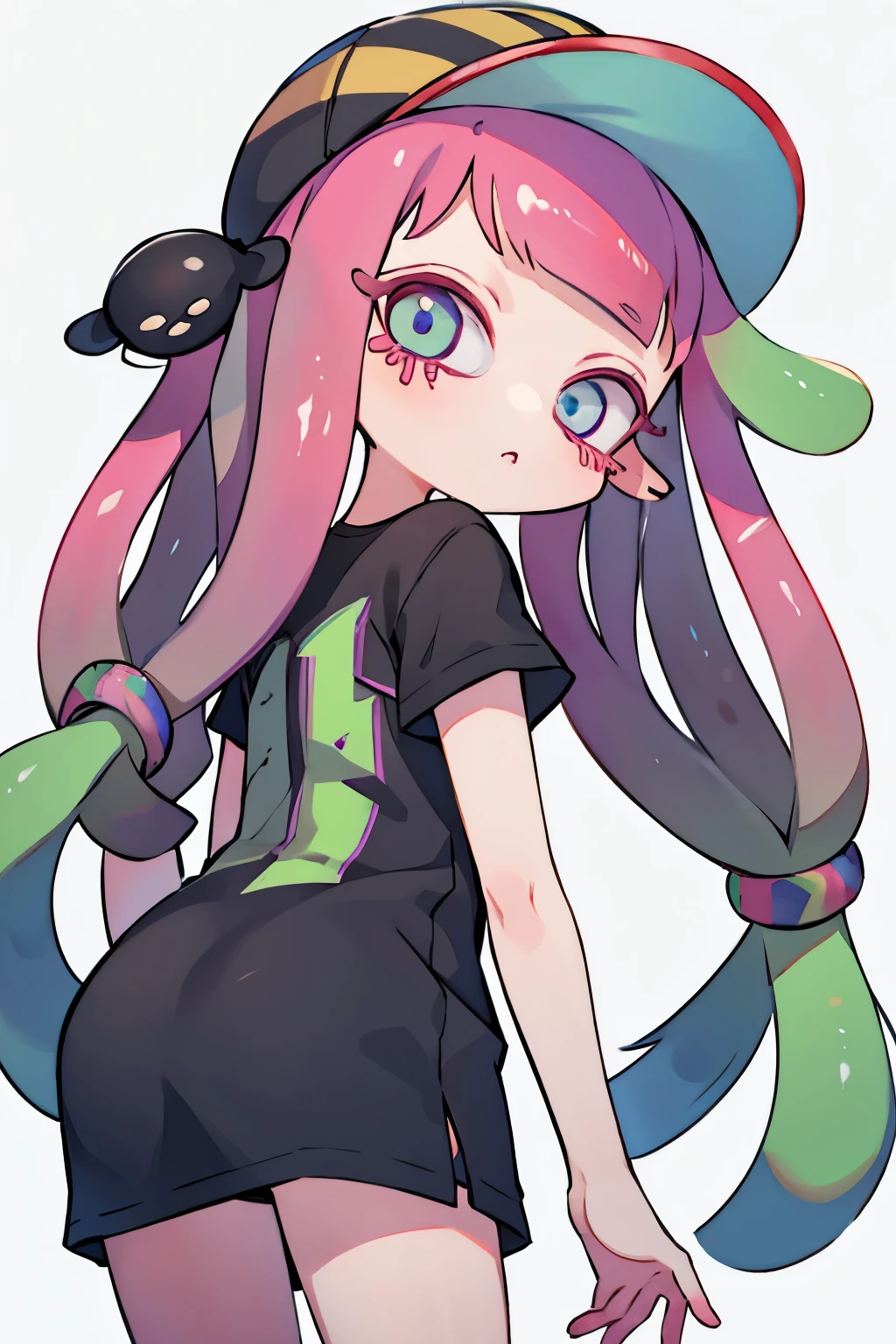 1,inkling hair , black t-shirt 、 watching viewers、 no background