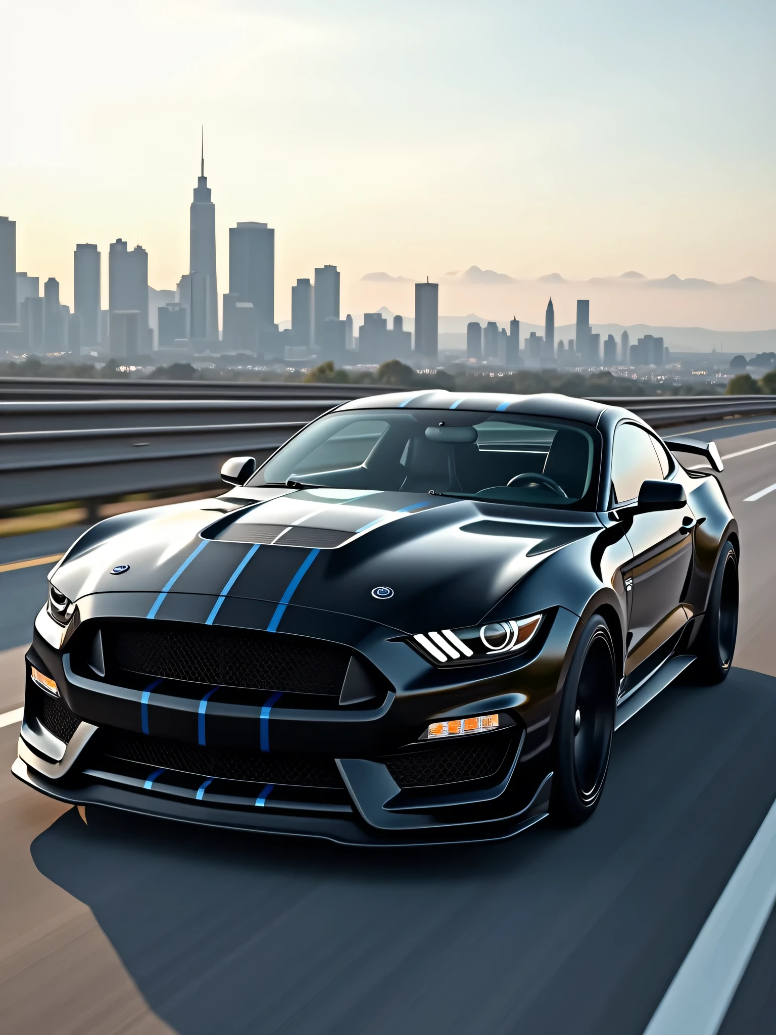 Ford Shelby black color in 4k best quality on a large highway in the background a large city full of buildings