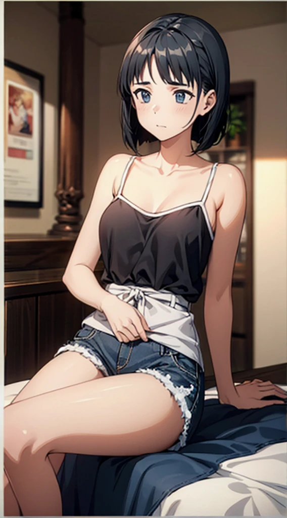 Sexy,bra,short jeans,sit down bend knees pose