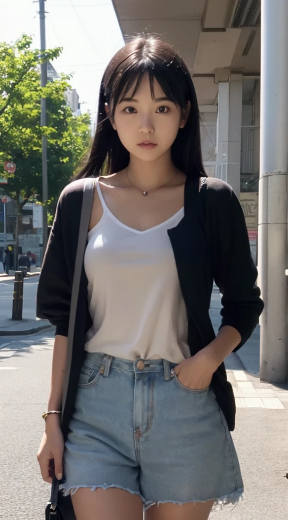 Wearing a loose V-neck sweater,With a black umbrella skirt,Shift the focus away from the abdomen。