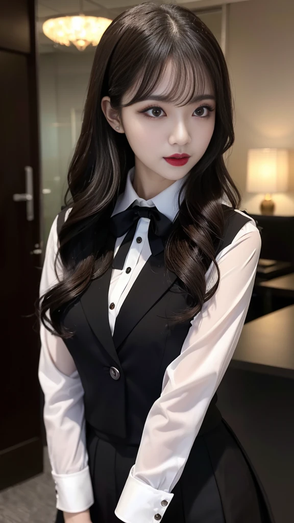 (RAW photo, best quality), (realistic, photo-realistic:1.3), masterpiece, an extremely delicate and beautiful, extremely detailed, CG, unity , 2k wallpaper, Amazing, finely detail, light smile, extremely detailed CG unity 8k wallpaper, huge filesize, ultra-detailed, highres, absurdres, soft light, (((short hair:1.3), short bang, silver hair, floating hair novafrogstyle)), beautiful detailed girl, detailed fingers, extremely detailed eyes and face, beautiful detailed nose, beautiful detailed eyes, long eyelashes, light on face, looking at viewer, (closed mouth:1.2), 1girl, cute, young, mature face, (full body:1.3), (medium breasts), realistic face, realistic body, beautiful detailed thigh, (ulzzang-6500-v1.1:0.8), business suit, cross-laced clothes, collared shirt, open clothes, in office, detailed office, open cardigan, black thighhighs, miniskirt, black underwear, unbuttoned shirt,