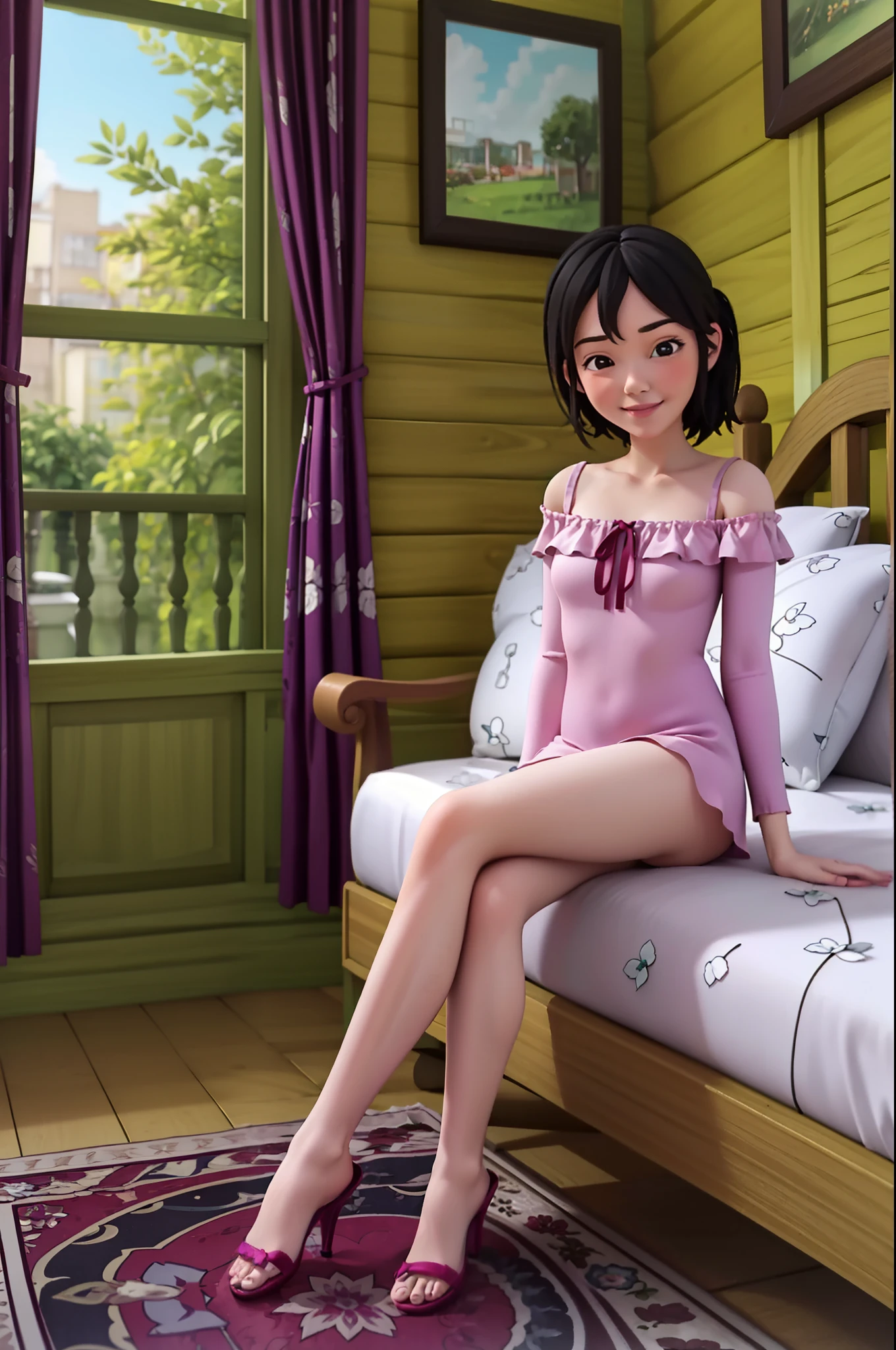 photorealistic, girl, wearing a mini nightgown off shoulder, open chest, full body, relaxing grateful at bedroom, heels, little smile