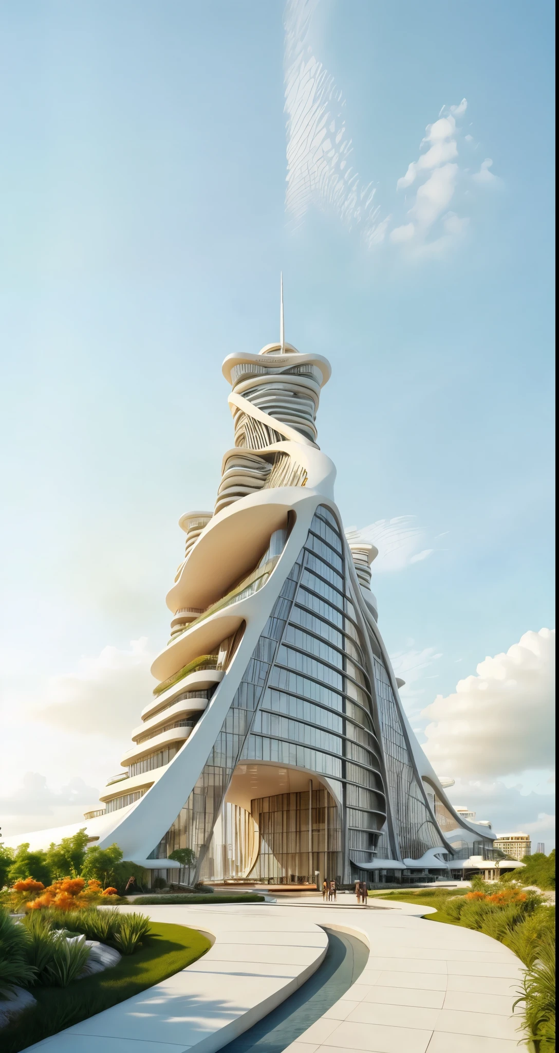 building, skyscraper by zaha hadid, balconies, openings, people, cars, lawn, walkways, small pool, blue sky, white cloud.