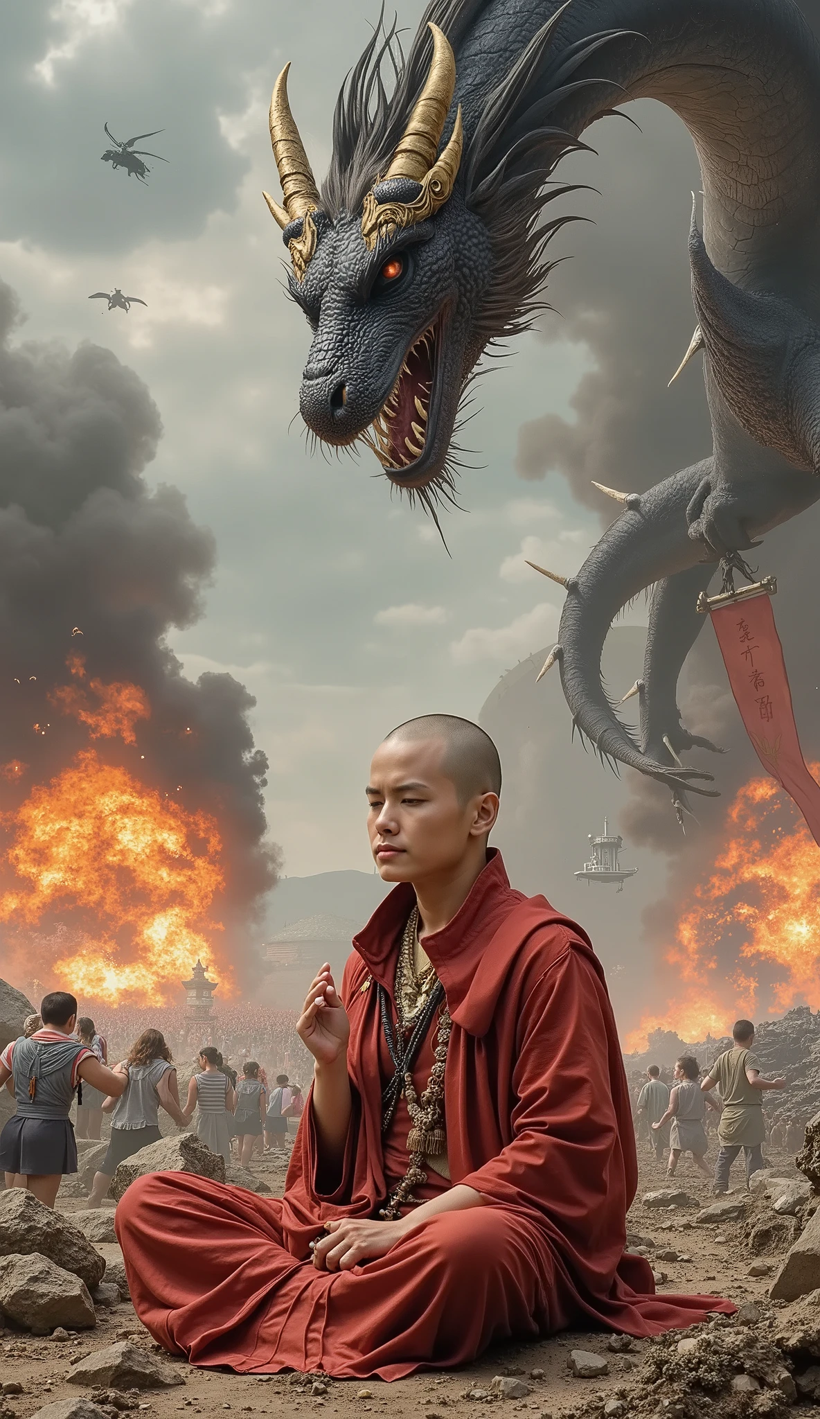 Abstract Painting, fantasy art , Yoshitaka Amano's painting style, ((Calm Madness)), ((A beautiful monk meditating with his eyes closed in zazen on a battlefield where fierce battles are being fought)), explosion, Flaming, blast, Bombs are exploding , A giant dragon dances in the sky, (((a banner which says "May the Force be with you")))