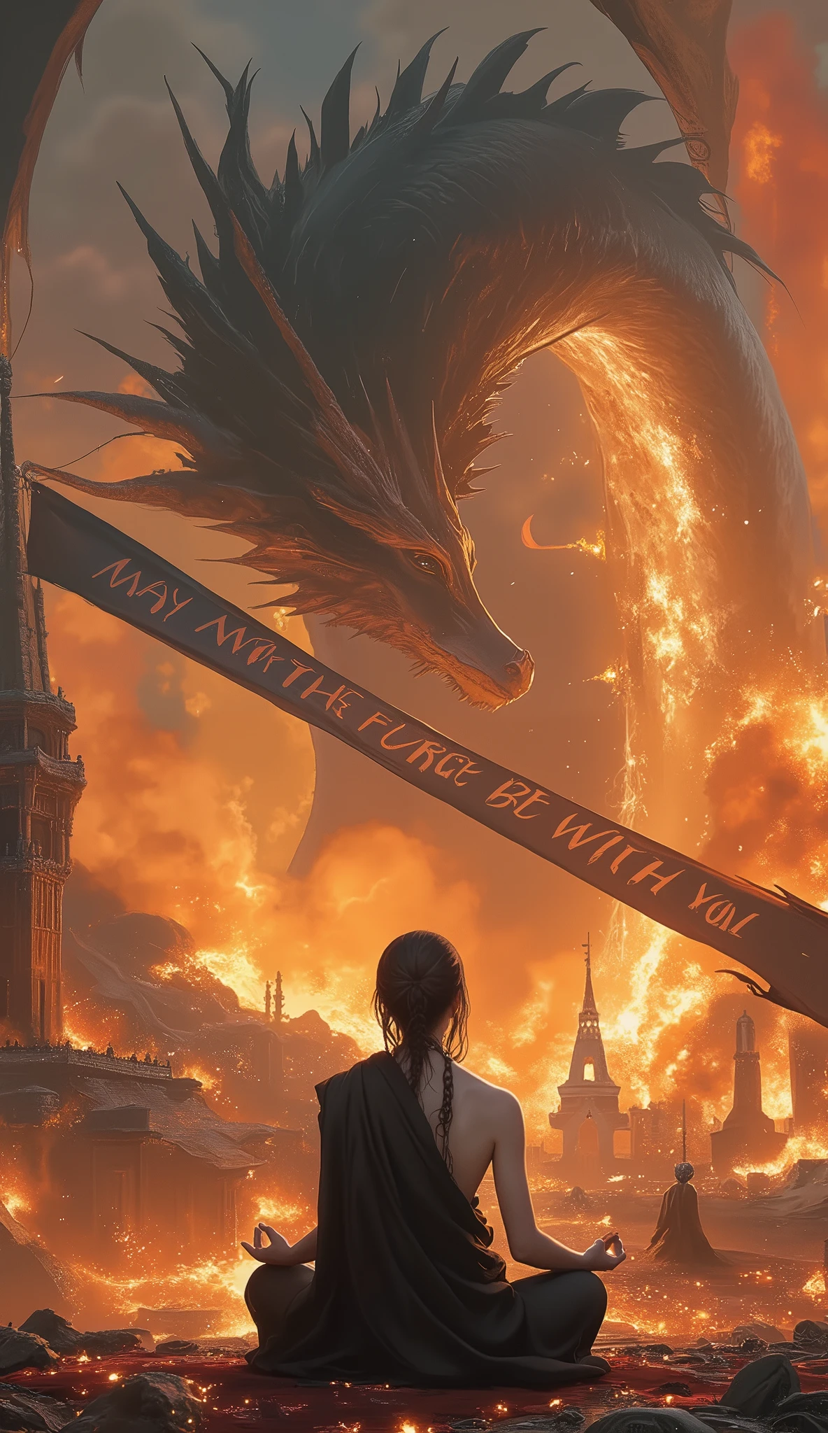 Abstract Painting, fantasy art , Yoshitaka Amano's painting style, ((Calm Madness)), ((A beautiful monk meditating with his eyes closed in zazen on a battlefield where fierce battles are being fought)), explosion, Flaming, blast, Bombs are exploding , A giant dragon dances in the sky, (((a banner which says "May the Force be with you")))