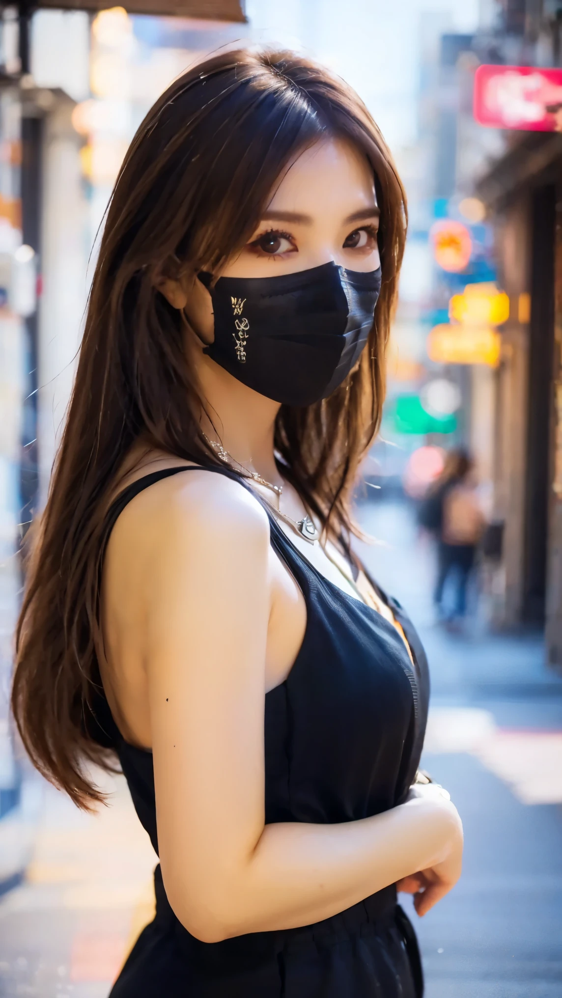 The 高いest quality, masterpiece, formal, Movie atmosphere、、(Key Light:Front face、Looking up、 Subsidy light、Backlight、Shadow、Blue and orange color palette), Accurate human body、Knowledgeable person、Correct five-finger、
(Dripping Sweat、Oilskin,Sparkling肌、Realistic skin texture、Fine and beautiful skin、Shiny skin、Shiny skin)
(Detailed pupil, Perfect Eyes:1.2), (Reflects light、Wrinkled or shiny clothes:1.2), Sparkling, Sparklingした金色, (Hoop Earrings), necklace, Attractive perfect female proportions, Captivating smile, Fine surface texture, 高い school girl、Captivating woman、(Black Hair、Straight Very Short Hair)、((Big Breasts)), Big Breastsの谷間、gallons of 1、high school girl、High 、White collared shirt、Black pleated skirt、((Black Mask)), Daytime、Standing in the city、