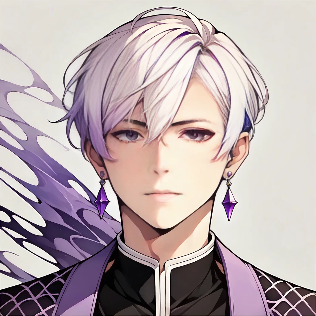 Score_9,score_8_up,score_7_up,(masterpiece:1.2), (best quality:1.2), source_anime,BREAK 1boy,20-yo,striking,white hair,lilac highlights,purple eyes,japanese clthes,Ether,purple earring,(((solo)))