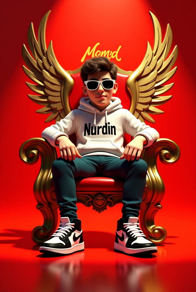 Create realistic image a boy is sitting on a king chair with golden wings and behim him the colour of the the wall is gray on which "nitin" written in curve style with girl