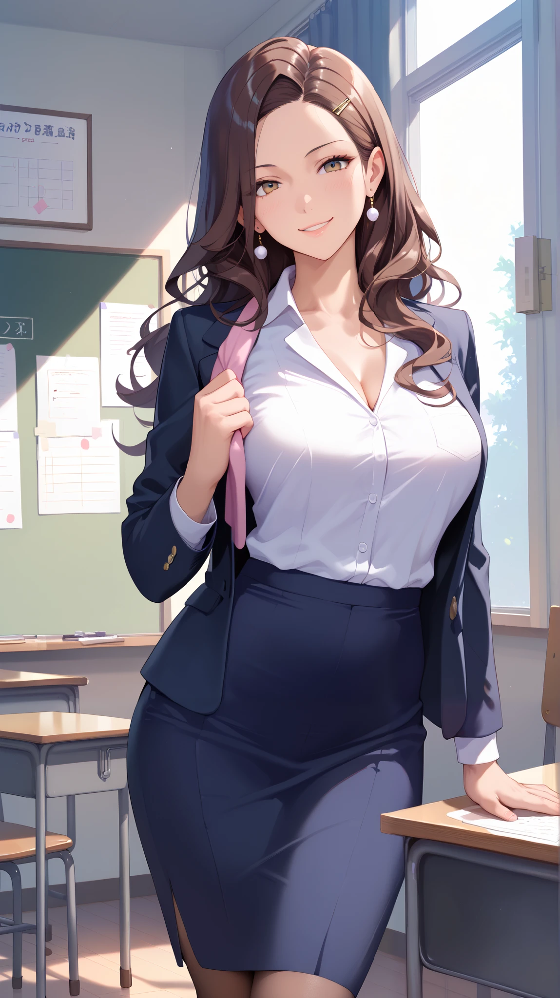 ((Tabletop, highest quality, High resolution, , Pixel Perfect, 4K,))), 1 female teacher, single, alone, beauty、The whole body is visible、 ((Mid-wave hair, bangs, Brown Hair)), ((Brown eyes, Beautiful eyelashes, Realistic eyes)), ((Detailed face, Blushing:1.2)), ((Smooth texture:0.75, Realistic texture:0.65, Realistic:1.1, Anime CG Style)), Center of chest, Dynamic Angle, Perfect body, (( , , Wearing a white coat、Female doctor、、, 、))、、Very embarrassing panic smile, 、black flared skirt、classroom、Sit on a chair、Lifting her skirt to show her panties、、(Showing off her white and pink floral lace panties、)、Angle from below)、