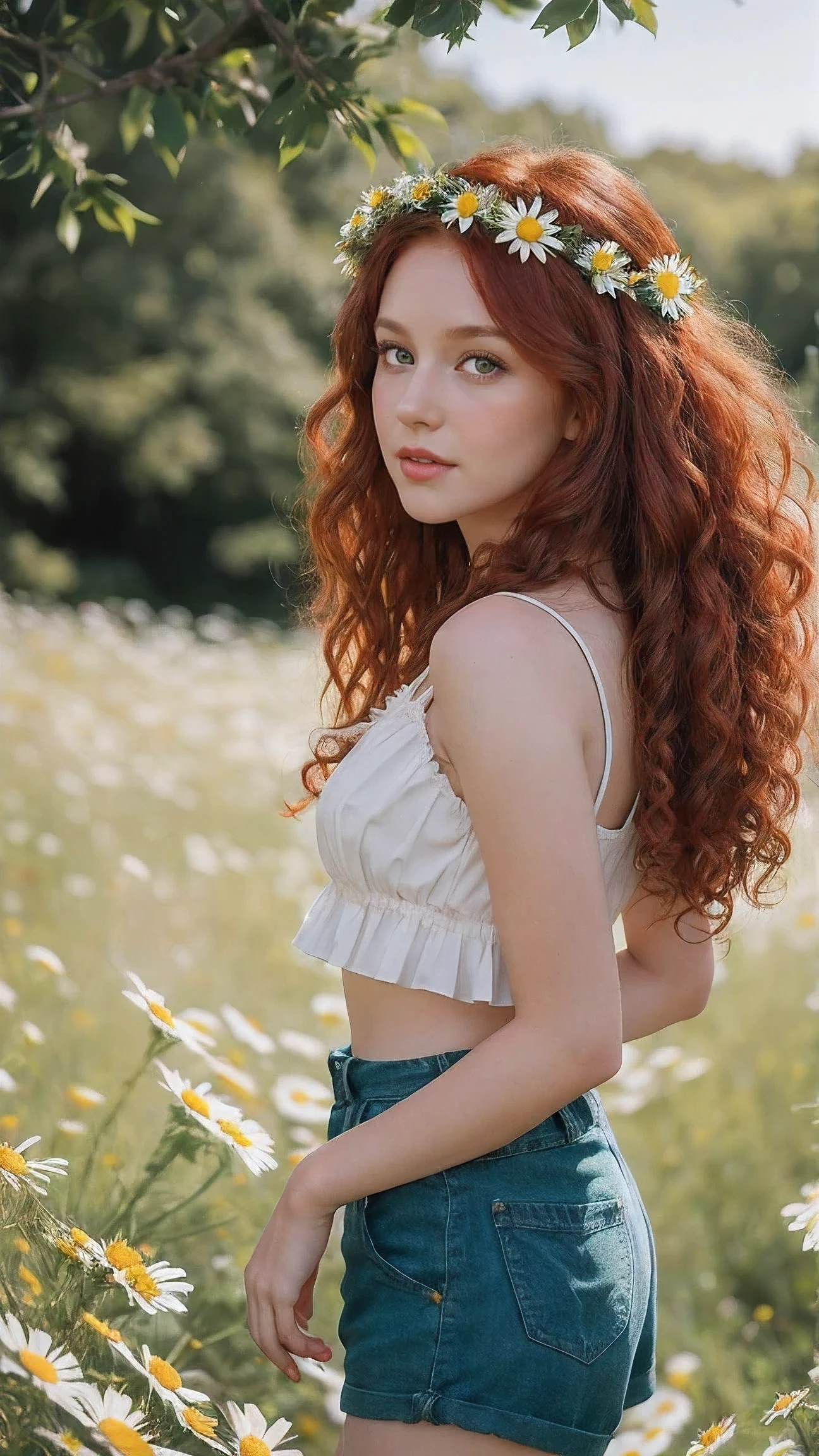 Arafed woman with red hair and a flower crown in a field of daisies ...