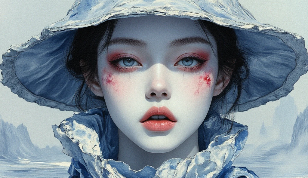 A beautiful woman in the world who is completely protected against the cold, The background is a silver world, very beautiful face , Clear Eyes, partially colored watercolor, face close-up , Art Deco, Minimalism, Ukiyo-e, UHD, retina, masterpiece, accurate, anatomically correct, super detail, high details, high quality, award winning, best quality, highres, 16k