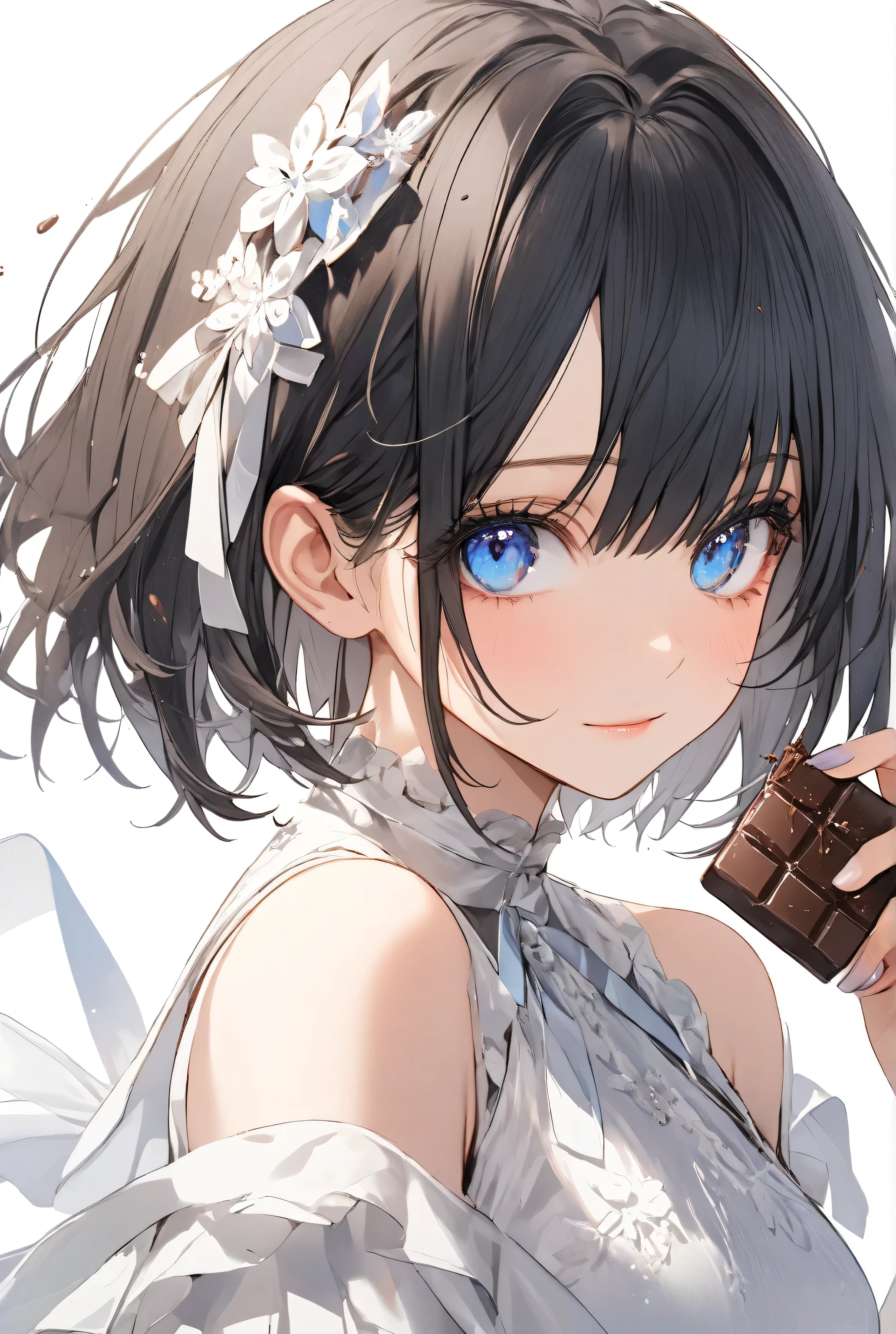 1 girl, solo, black hair, bob hair, shoulders with chocolate, white dress,blue eyes,