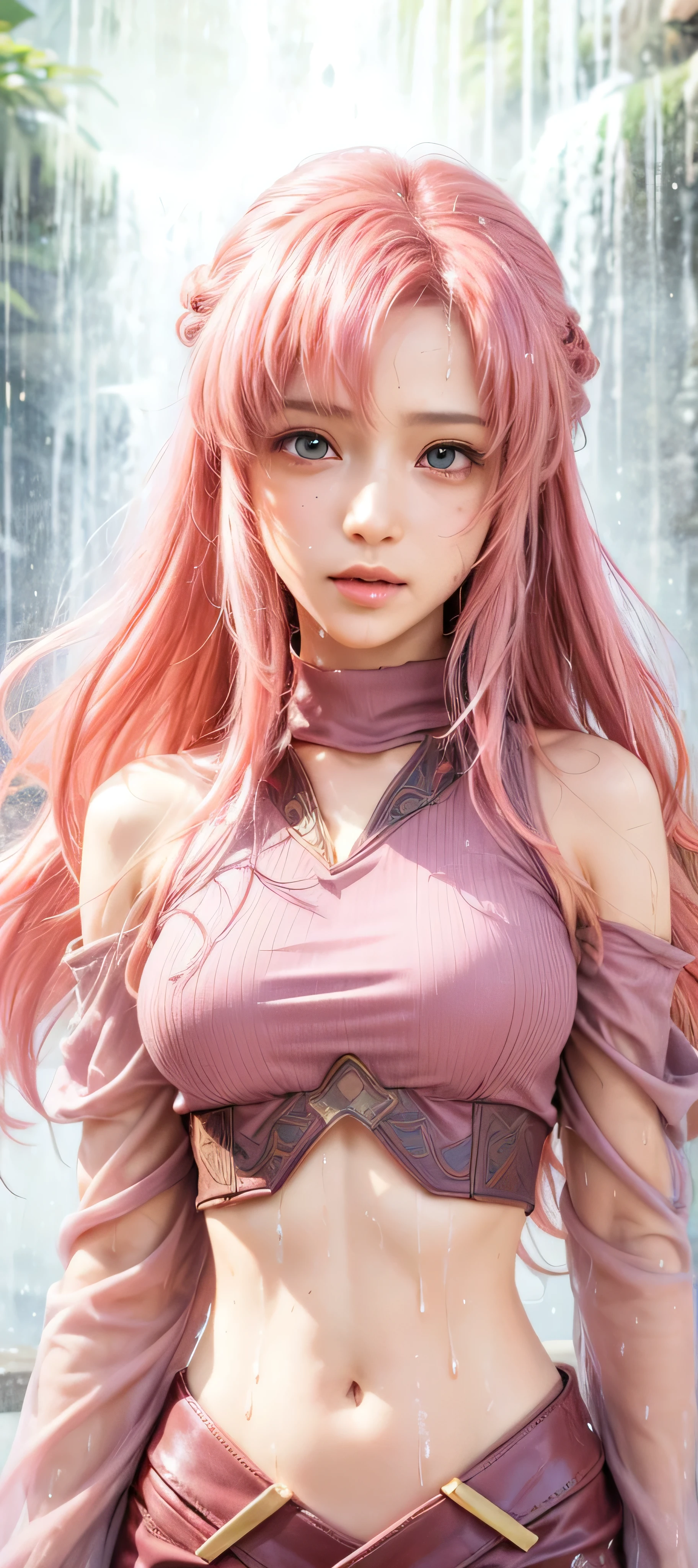 masterpiece, best quality, (realistic,photo-realistic:1.4), (RAW photo:1.2), extremely detailed CG unity 8k wallpaper, delicate and beautiful, amazing,finely detail, official art, absurdres, incredibly absurdres, huge filesize, ultra-detailed,extremely detailed eyes and face,light on face,lacus clyne(pink hair:1.4),(long hair:1.4),(final fantasy outfit:1.5),(under waterfall background),hair clips,navel,(wet body:1.5)