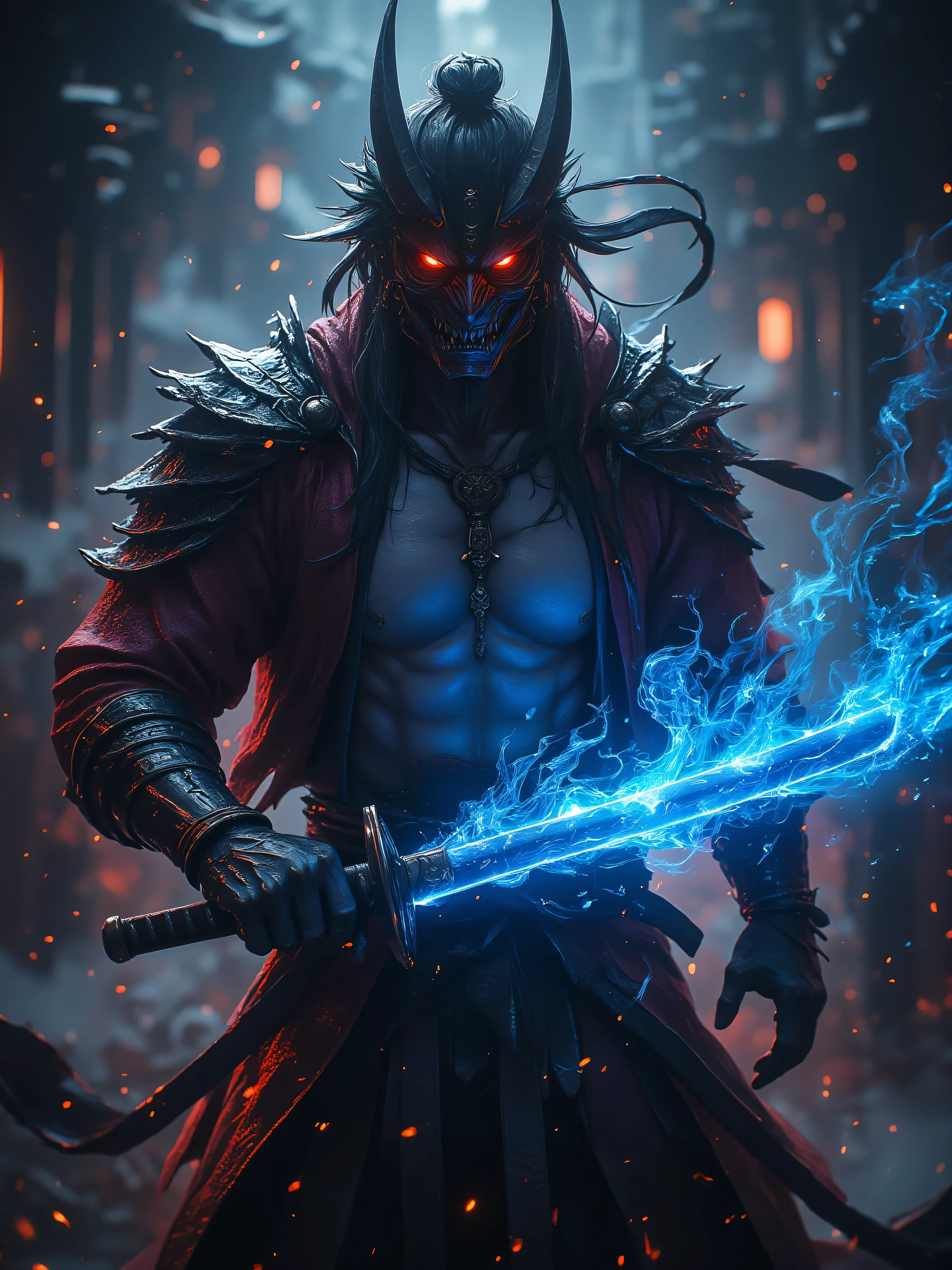 a demonic korean man with luminous eyes, glowing eyes, using the power of souls, magical effects around the character, character who extends his arm towards his katana, arm of the character who is magically absorbed by the katana, stylish character, demon horns, magic demonic color attire of the character, character does not hold a katana, only katana floating in front of the character, demon mask on the face, luminous eyes, demon magic around the character, underworld magic effects of several colors around the character, begins by being absorbed by his katana, katana standing and floating in front of the character, wearing loose korean clothes, long tied black hair, bare torso, wielding blue flames in the shape of a katana, (best quality,4k,8k,highres,masterpiece:1.2),ultra-detailed,(realistic,photorealistic,photo-realistic:1.37),dynamic action scene