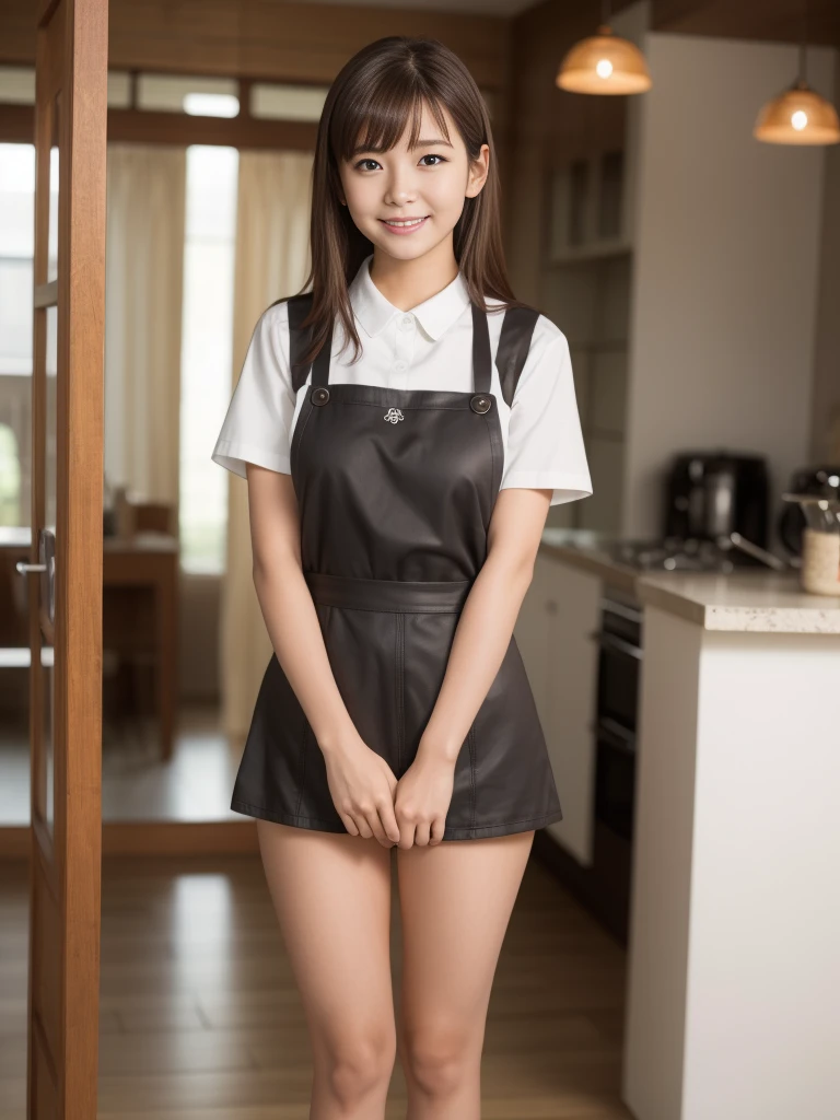 Japanese adolescent female, long hair, brightly smiling, wearing white crop top shirt, wearing short pleated miniskirt, wearing white stockings, posing in kitchen