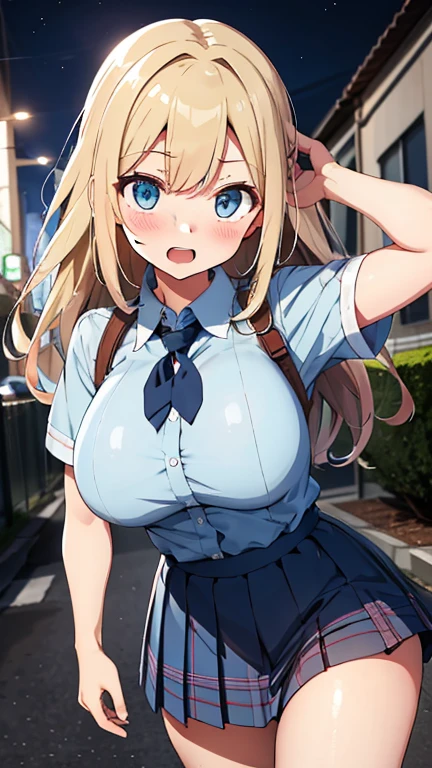 1girl, college outfit, rabbit ears, thicc tighs, gigantic teardrop boobs, strapless bra, adorable face, street background, hands pushing up breasts, button popping