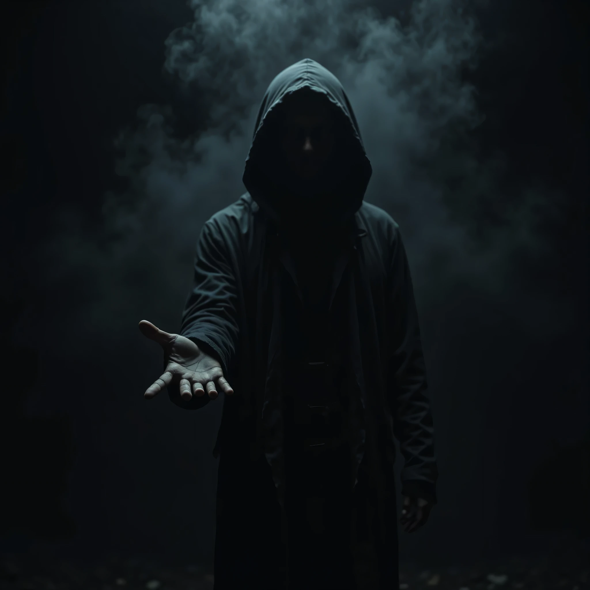 black background , man in the dark fog , face under the hood coat , arm's outstretched , Blurred silhouette , sharp palm across the screen, masterpiece