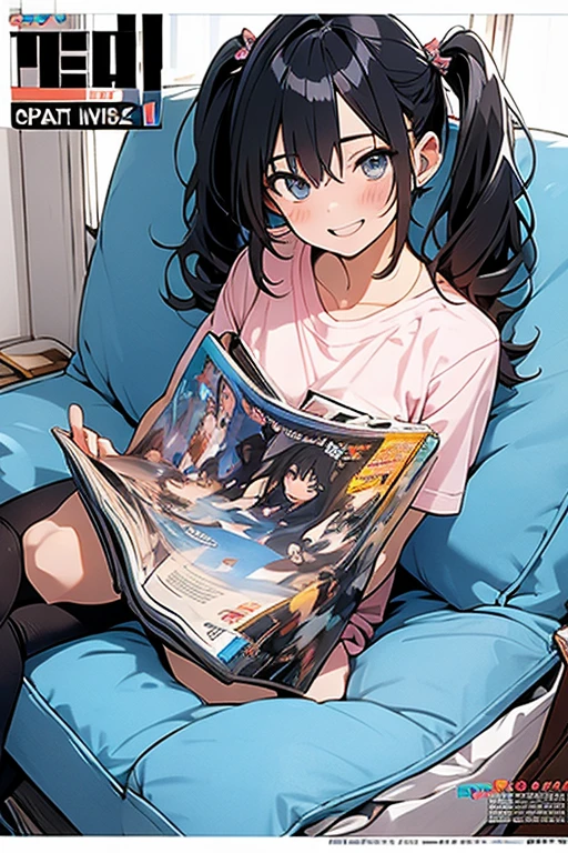 (masterpiece), (best quality), detailed, a otaku girl, soro, twintails, long wavy hair twintails.hairs between eyes,dark blue eyes ,smile, masterpiece, best quality, newest,( :1.2), (pointed :1.2),(from below:1.2,Best Quality),a girl , darkplatinum color hair、otaku uniform:1.2,Purplish blue eyes that dreamers desire, ((Otaku girl)),gloomy, messy hair, hair over eyes, blushing face,armpits hair, (harf sleeve t-shirt),shorts, sitting on gaming chair, otaku room,playing PC-game:1,3,, skinny,open mouth, (otaku game magazine cover:1.6),(with sparkling eyes and a contagious smile),her thin :1.2, looking at viewer