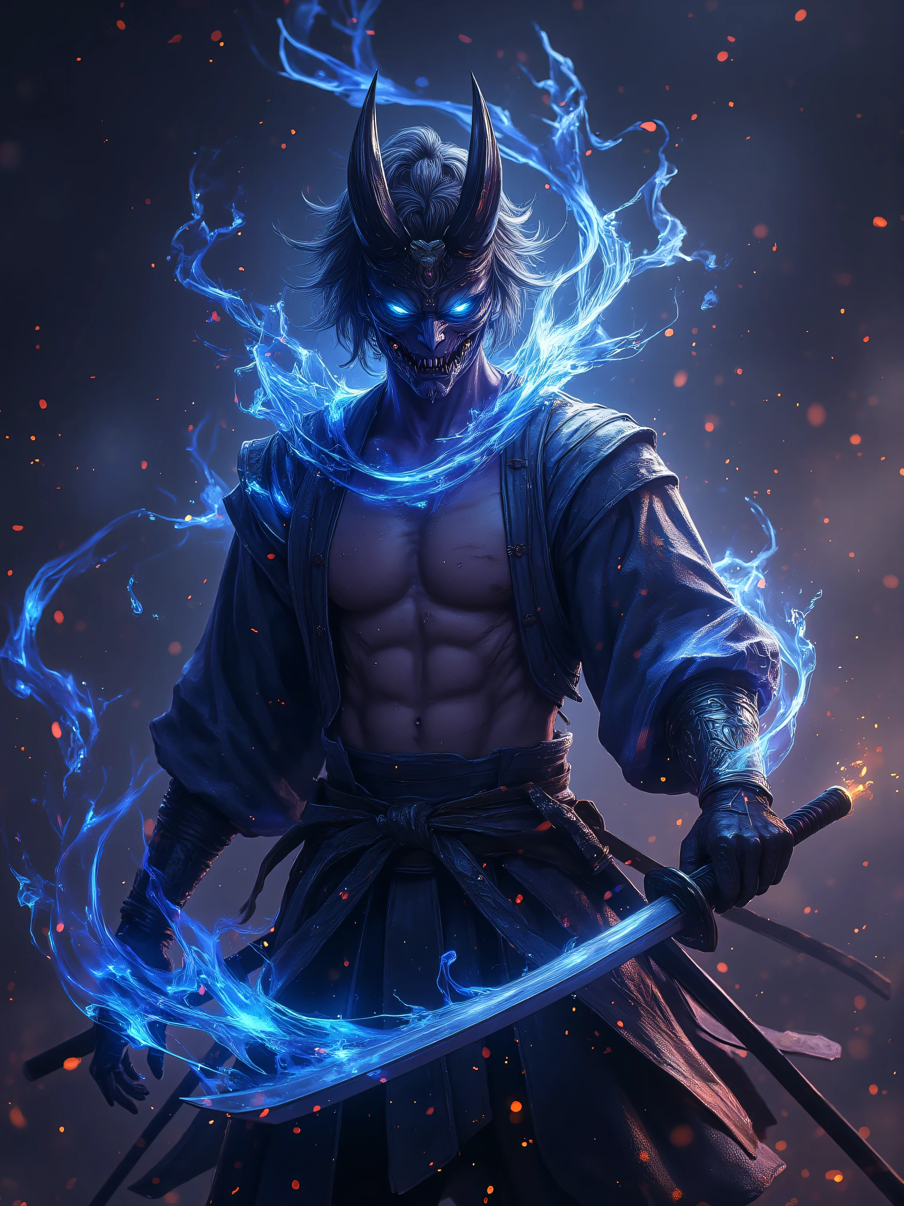 a demonic korean man with luminous eyes, glowing eyes, using the power of souls, magical effects around the character, character who extends his arm towards his katana, arm of the character who is magically absorbed by the katana, stylish character, demon horns, magic demonic color attire of the character, character does not hold a katana, only katana floating in front of the character, demon mask on the face, luminous eyes, demon magic around the character, underworld magic effects of several colors around the character, begins by being absorbed by his katana, katana standing and floating in front of the character, wearing loose korean clothes, long tied black hair, bare torso, wielding blue flames in the shape of a katana, (best quality,4k,8k,highres,masterpiece:1.2),ultra-detailed,(realistic,photorealistic,photo-realistic:1.37),dynamic action scene