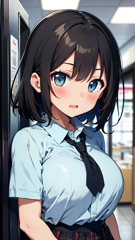 masterpiece,best quality,insanely detailed,
(upper body),(from front),
(1girl),(arms behind back),standing,
break,
(light brown hair),
break,
(blush:1.2),( face:1.2),(trembling:1.2),(looking at viewer),open mouth,(:1.3),
break,(light blue collared shirt:1.3),
(light blue school uniform:1.3),(short sleeve),break,(plaid ),
break,
(night:1.3,city),