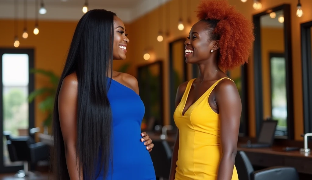 Believe me the image of a beautiful black-skinned woman with very long black hair up to her waist, with very definite laughs of her slender figure and defined body wearing an elegant blue dress in the style of Africa , with an elegant black-skinned woman with short afro red hair , dressed in an elegant yellow afro-style dress , laughing very happily these two women are standing contemplating their achievements in a large and luxurious hair salon.
