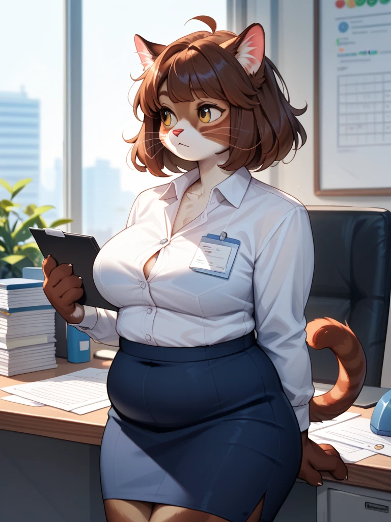 (((Glasses, detailed eyes, well drawn face, eyelashes))), by bebebebebe, by lostgoose, by goonie-san, solo, standing, female, feline, ((hair, lips)), cleavage, office uniform, hands behind back, office, day time, windows