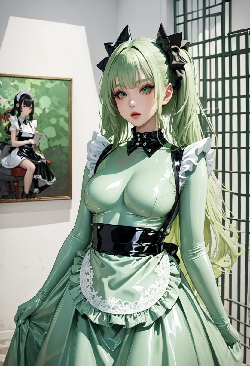 Portraiture、(masterpiece,Highest quality,Ultra-high resolution),Japanese women, (((Very beautiful 25 year old girl))),(Turquoise latex maid outfit)、(Turquoise latex long skirt)、(A long-sleeved turquoise latex shirt that covers the upper body)、Turquoise latex gloves、Turquoise latex socks、Turquoise latex bodysuit、Frills、The clothes fit snugly to the body、Latex is very shiny、Dark Room、