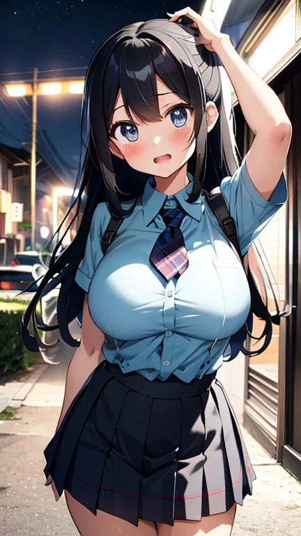 dog ears big breasts grumpy face black hair high school girl uniform Lift up the hem of your skirt and show your underwear