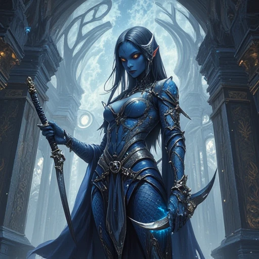 (begin style: (cinematic, ultra-detailed, best quality, strong lighting, illustration, 16k)), 1 woman, long hair, blue hair, purples eyes, ((necromancer, medium shot, terrifying, intricate),(dramatic), ((Color Blast)), ((oil painting))), (end style)