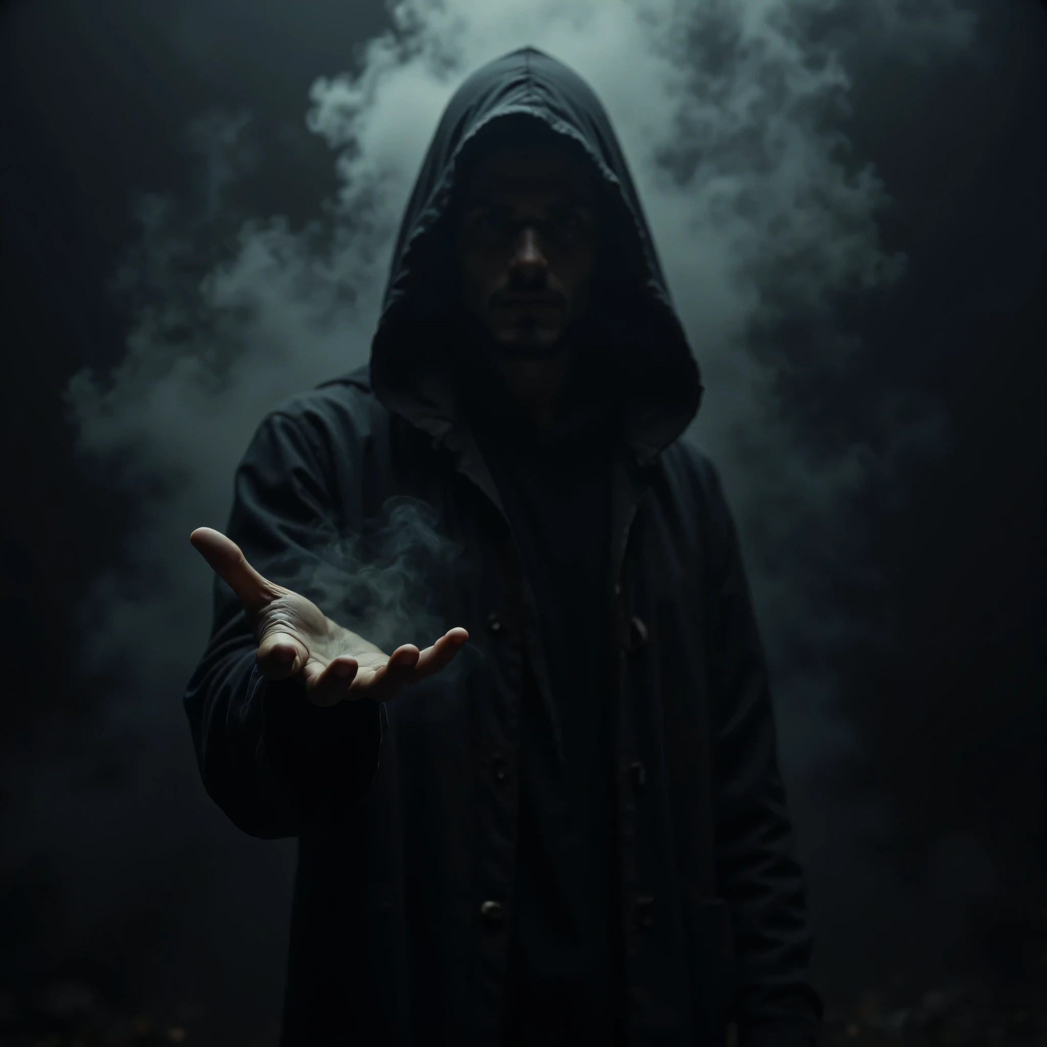 black background , man from the dark fog , face under the hood , coat, arm's outstretched , Blurred silhouette , sharp palm to the observer, masterpiece, Prophet