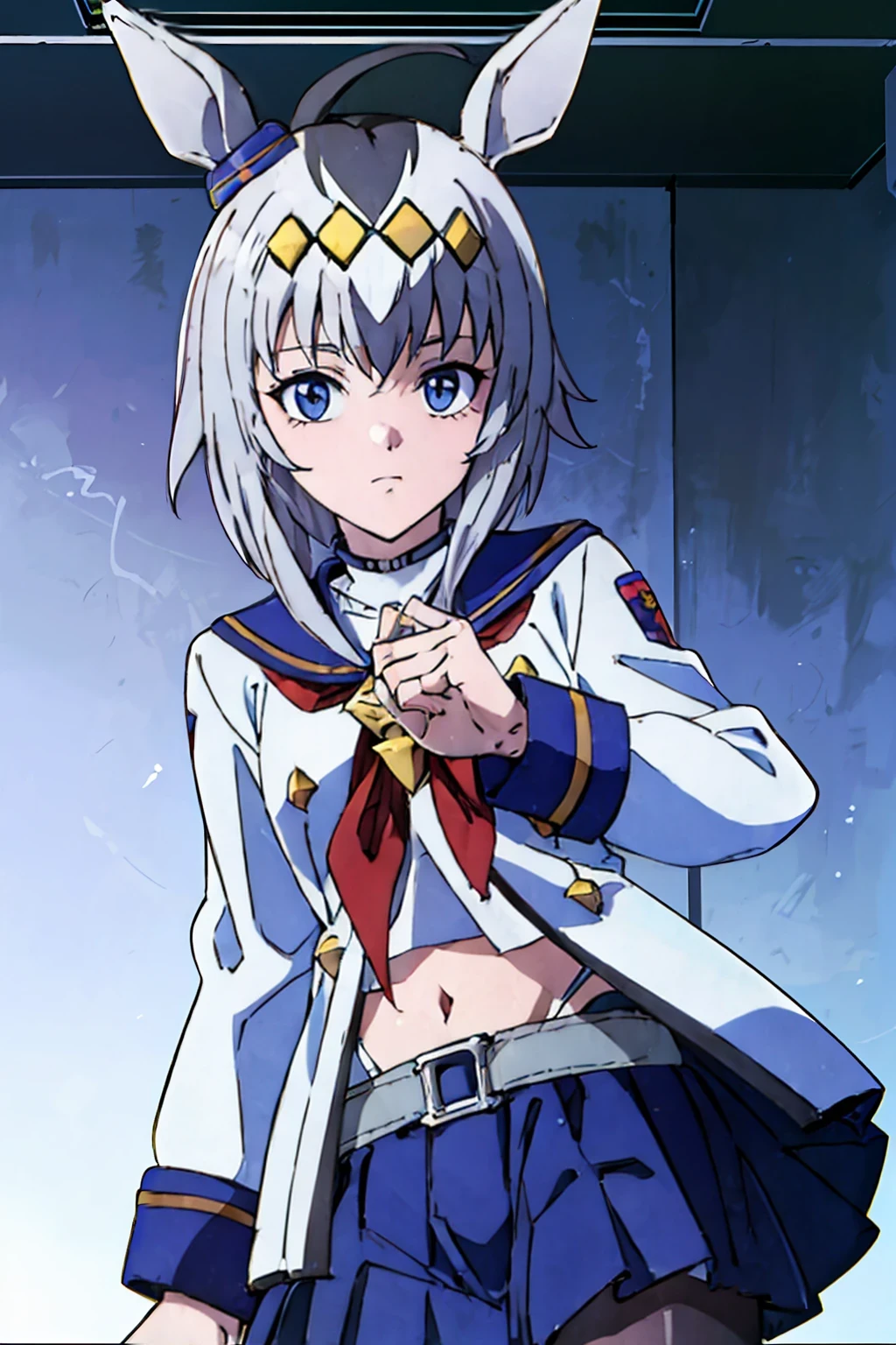 (masterpiece,highest quality,Super detailed,8k,High resolution,an extremely delicate and beautiful,Official Art,Perfect Anatomy:1.5),((1990s \(style\),90s Anime,90s Anime style,retro artstyle,Cel-shaded anime,anime screencap,anime coloring:1.25)),(solo :1.5), (yuuki nobuteru:1.7), (scale to fit the dimensions:1.2),  (( \( Uma Musume\):1.52)), blue skirt, Long Sleeve, belt, pleated skirt, black pantyhose, red neckerchief, midriff, belly button, white shirt, jacket, blue sailor collar ,
