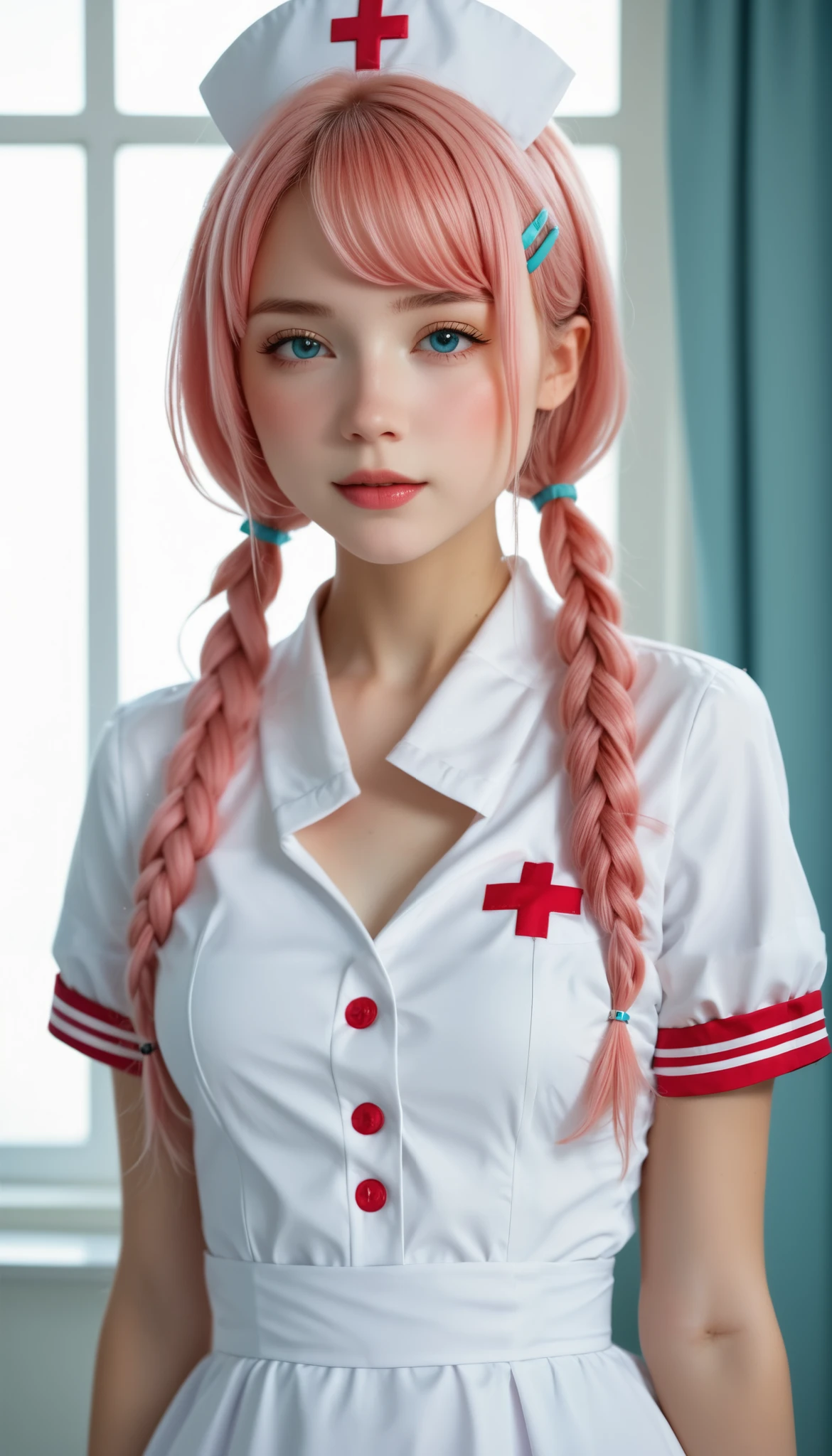 beautician 、 nurse uniform、 Please redeem 、Masterpiece、 One Girl、2、 white skin、 expressionless、 raise the corner of the mouth、 pink hair 。 twin tails、 hair clips、大きな hair clips、Cute hair clipss、Gray Eye、Small red cheeks and nose、Good breast size、 smaller chest、 Gao pose 、