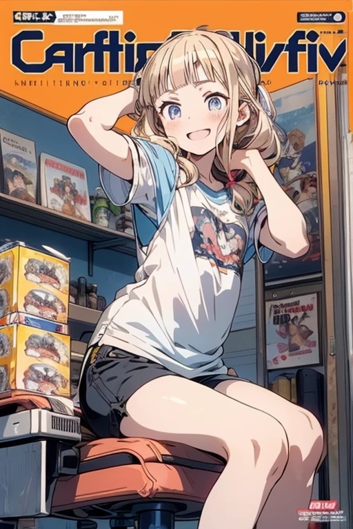 1girl, Dazzling Blue theme, t-shirt, striped panties,, soft skin, dynamic pose,
convenience store,