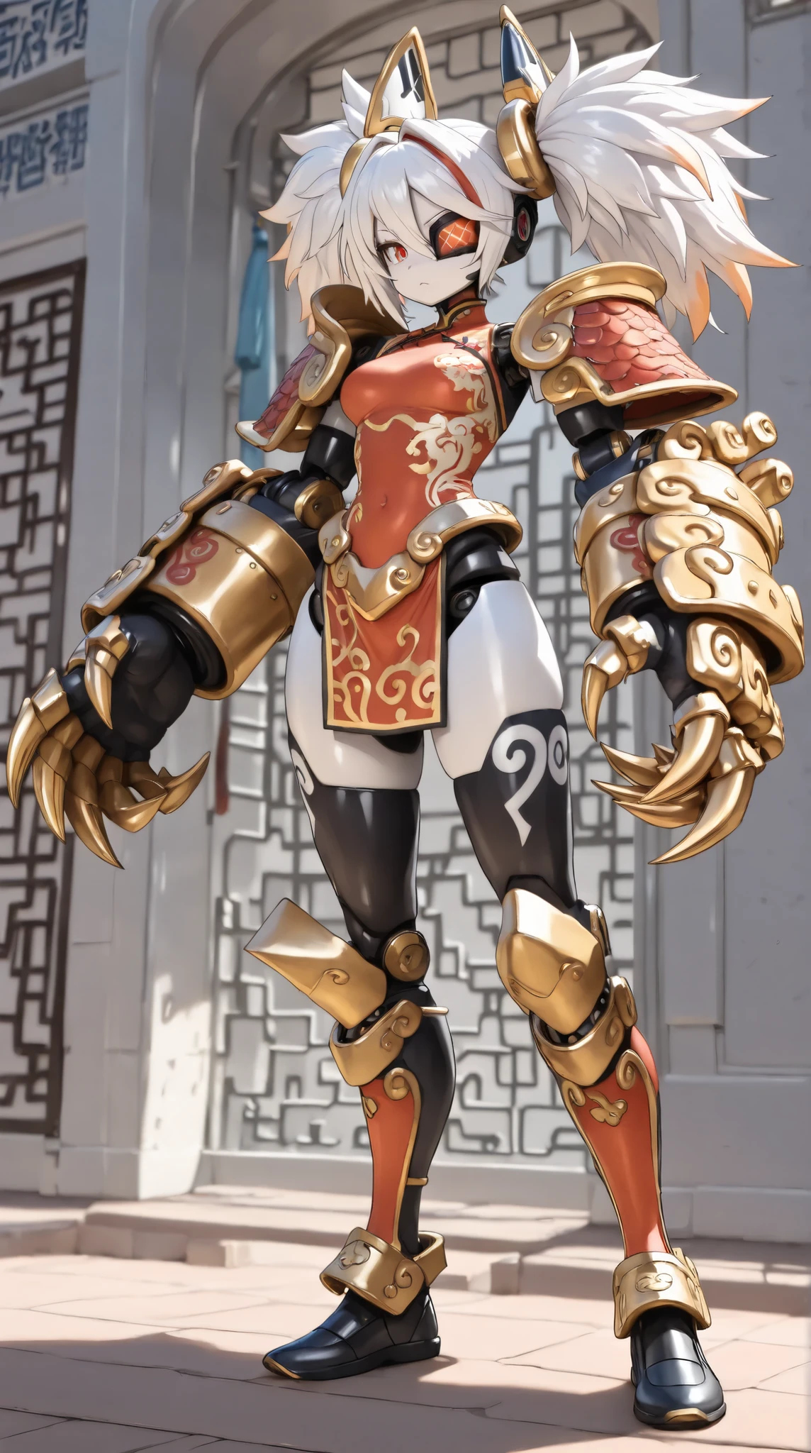 (( best quality )),( super high definition),( tall Highly detailed ),( Detailed explanation ),(( best CG )),( Best Works of Art ), Ultra Precision Art, Amazing Painted Art ,( Exact Detailed Art :1.5), female android, giant mono eye , Claw Gauntlet, Spikney , China Dress Armor,