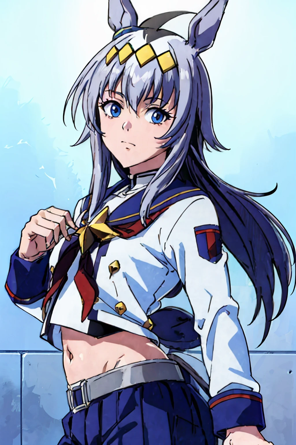 (masterpiece,highest quality,Super detailed,8k,High resolution,an extremely delicate and beautiful,Official Art,Perfect Anatomy:1.5),((1990s \(style\),90s Anime,90s Anime style,retro artstyle,Cel-shaded anime,anime screencap,anime coloring:1.25)),(solo :1.5), (yuuki nobuteru:1.7), (scale to fit the dimensions:1.2), (( \( Uma Musume\):1.52)), blue skirt, Long Sleeve, belt, pleated skirt, black pantyhose, red neckerchief, midriff, belly button, white shirt, jacket, blue sailor collar ,
