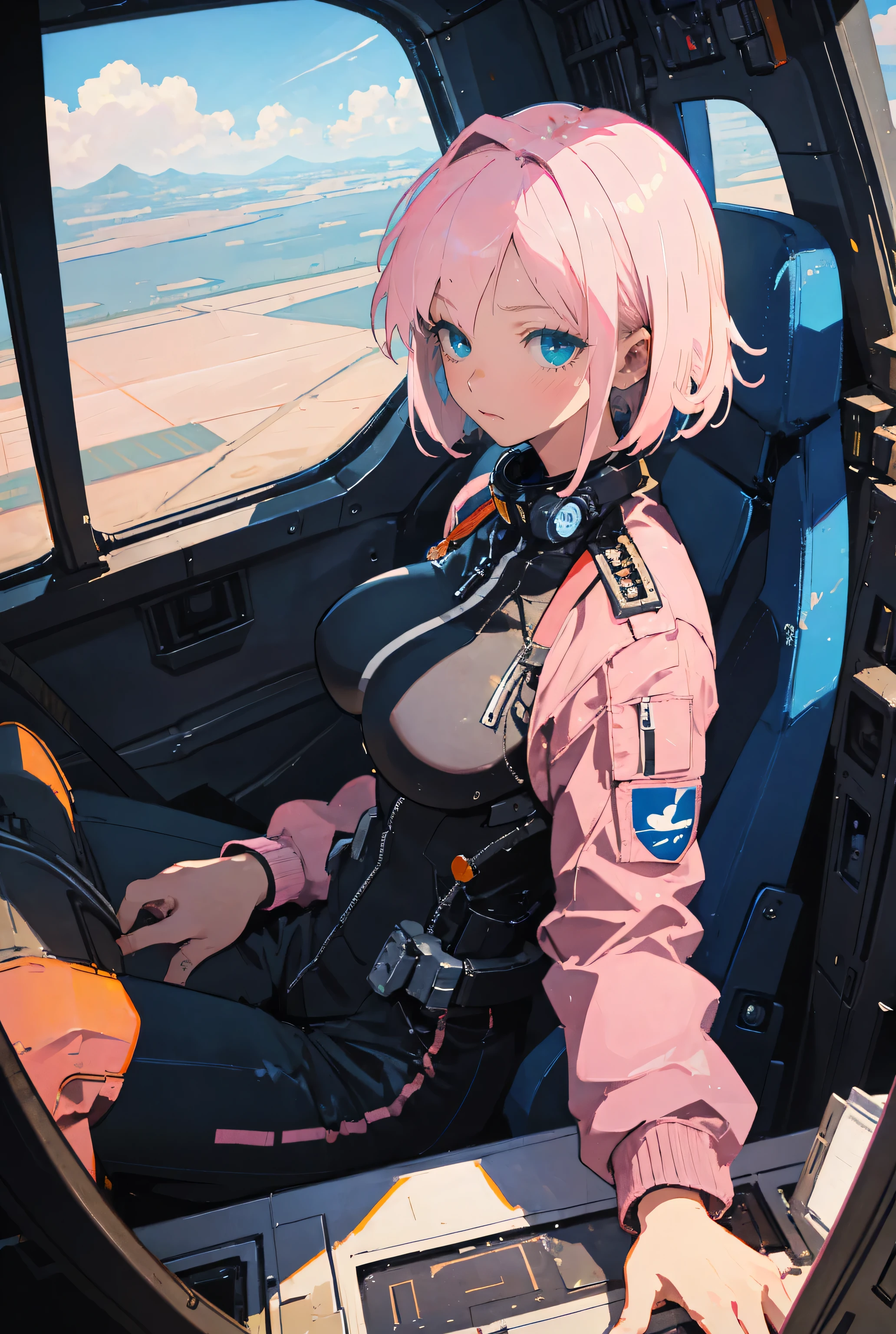 masterpiece, concept art, ultra detailed digital illustration,
BREAK
pilot,orange suit, cockpit,helmet,
BREAK
1girl,cool,she is pilot,(((pink short hair,blue eyes))),big breast,
upper body,from above,