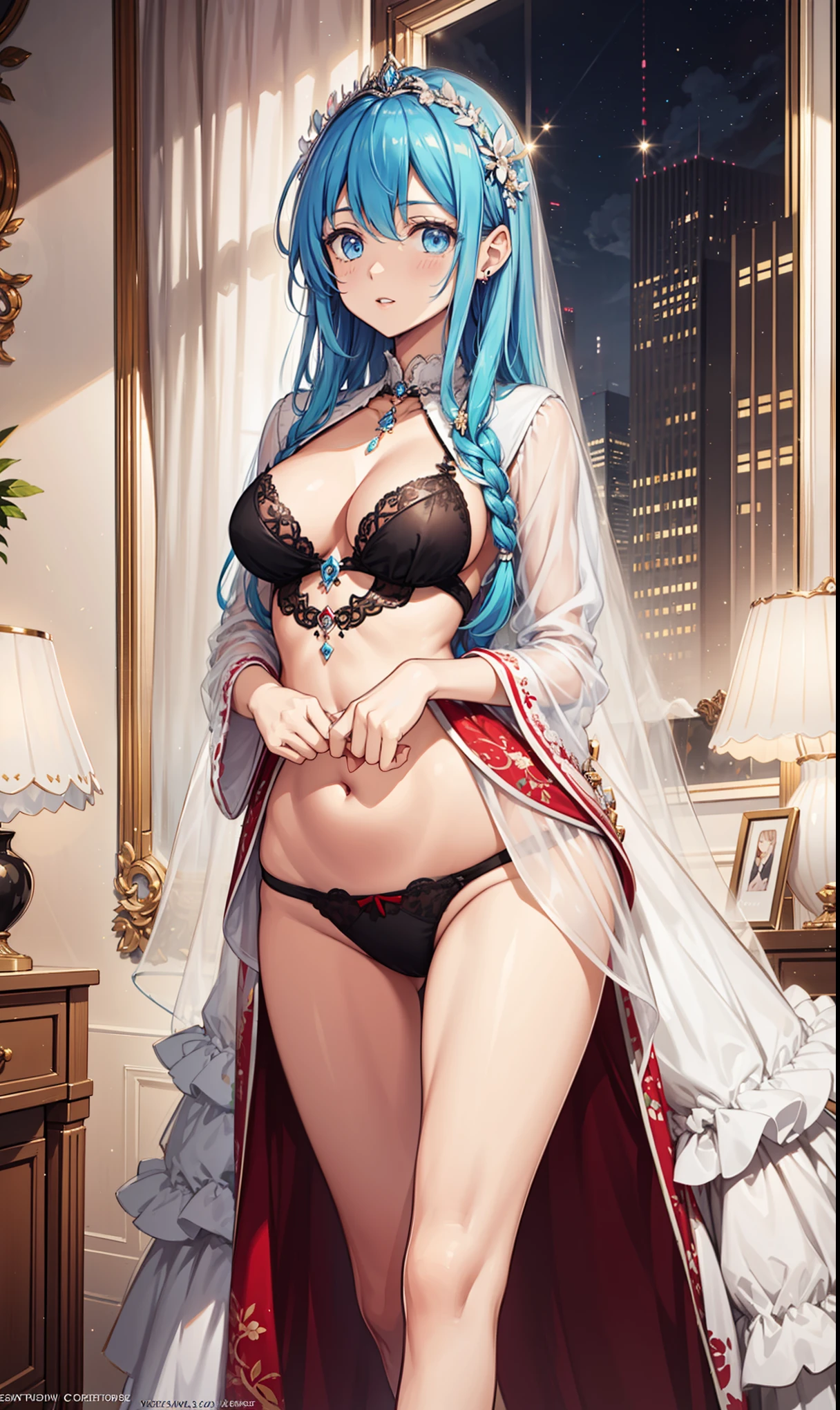 Black Modern Fashion Shirt with White Princess Dress, Mix and Match Exquisitely Designed Outfit ,Sheer Lace Super Detailed , Small chest, She Has Long Pink Wavy Hair , shakes , light blue eyes , She has earrings , Her lips are full , Breast view , Panties view . Arched back. night, She appears in a bedroom in a luxury hotel,A bit of posture, personal ,night