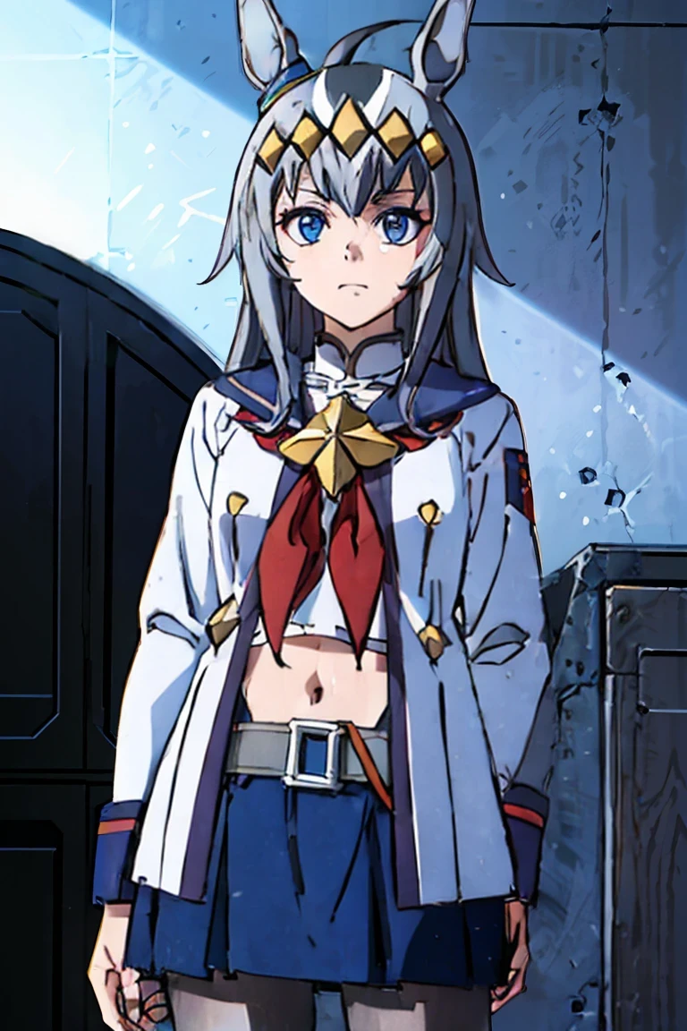 (masterpiece,highest quality,Super detailed,8k,High resolution,an extremely delicate and beautiful,Official Art,Perfect Anatomy:1.5),((1990s \(style\),90s Anime,90s Anime style,retro artstyle,Cel-shaded anime,anime screencap,anime coloring:1.25)),(solo :1.5), (yuuki nobuteru:1.7), (scale to fit the dimensions:1.2), (( \( Uma Musume\):1.52)), blue skirt, Long Sleeve, belt, pleated skirt, black pantyhose, red neckerchief, midriff, belly button, white shirt, jacket, blue sailor collar ,