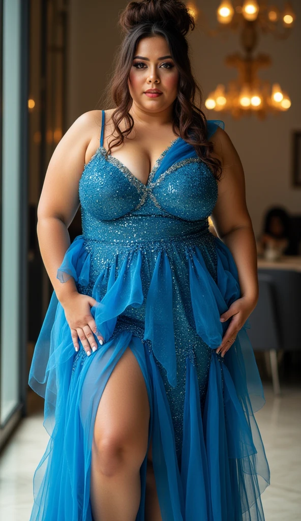 A very fat 16 year old girl at school prom, massive belly, very fat, big boobs, giant butt, chubby arms, wearing a long blue formal dress, long wavy hair, belly very big, bloated belly, full body view, dim lights, flashy lights, next to food bar, is happy, wearing heals