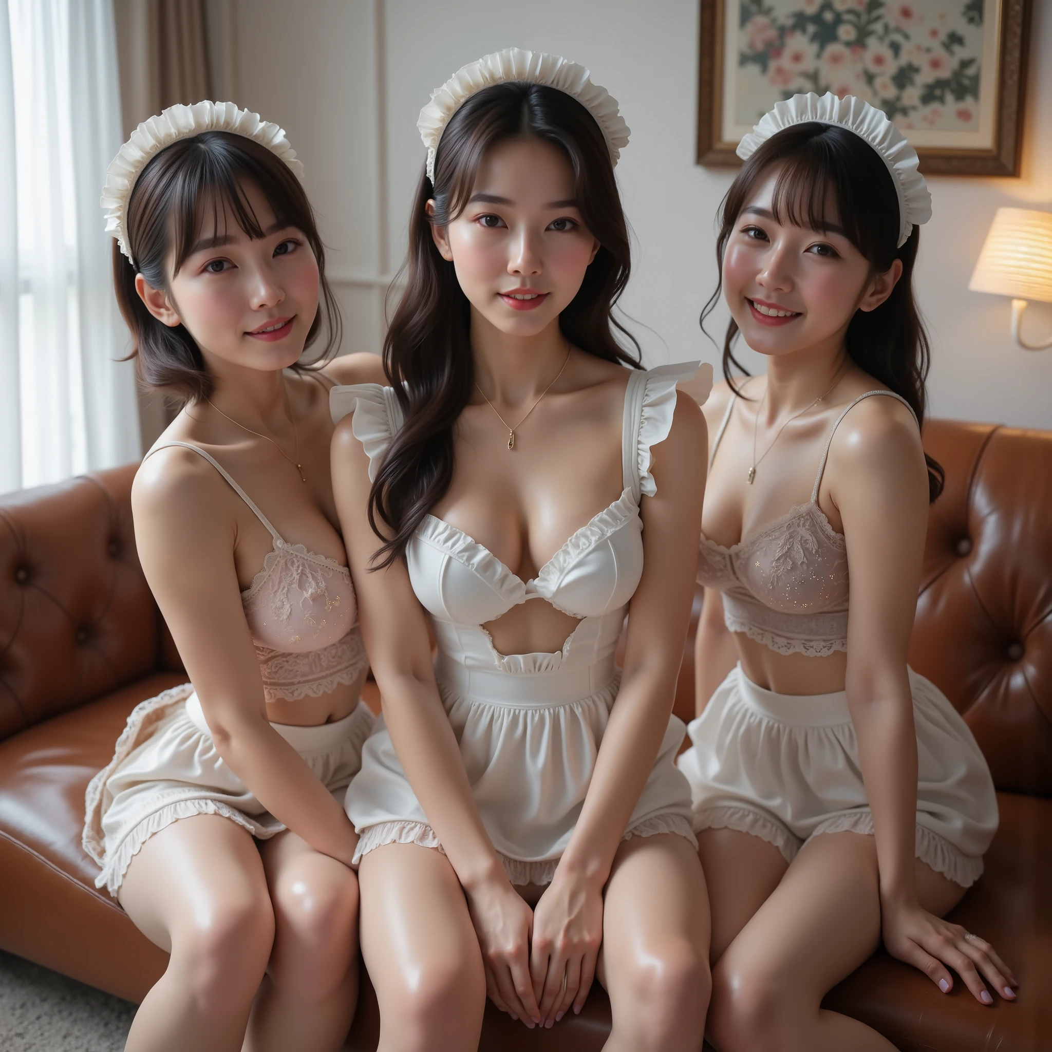 ( Masterpiece:1.30,  surreal:1.5), (  RAW photo:1.5),   professional photo shooting, ( Ultra Clear Focus ), (whole bodyのフォーカス:1.5), (whole body:1.3), (Depth compositing of written boundaries),   movie lights, (whole body写真:1.5), break, ( Super Detailed Beautiful Faces:1.10), ( ultra-detailed beautiful slim body :1.9),   2 Japanese idols aged 21 and 22  , ( 2 beautiful Japanese girl idols who are super detailed :1.7), break,  Woman in the center of the image , break, (  perfect anatomy:1.10)), (bare hands,  barefoot:1.5), (  viewers:1.5),   Thin Waist , break, (( tall Highly detailed , Beautiful upturned breasts,  Deep Cleavage of F Cup Bust :1.4)),  deep v-neck, break,
(( THREE BEAUTIFUL GIRLS 、 Maid Costume 、   off shoulder 、 bust up、  micro mini skirt、  Everyone wears different clothes   、Random cute faces、 high quality skin texture 、Sofa、18 years old、  cute smile、 big breasted 、Surround me、Smile at me、((( 2 girls)))