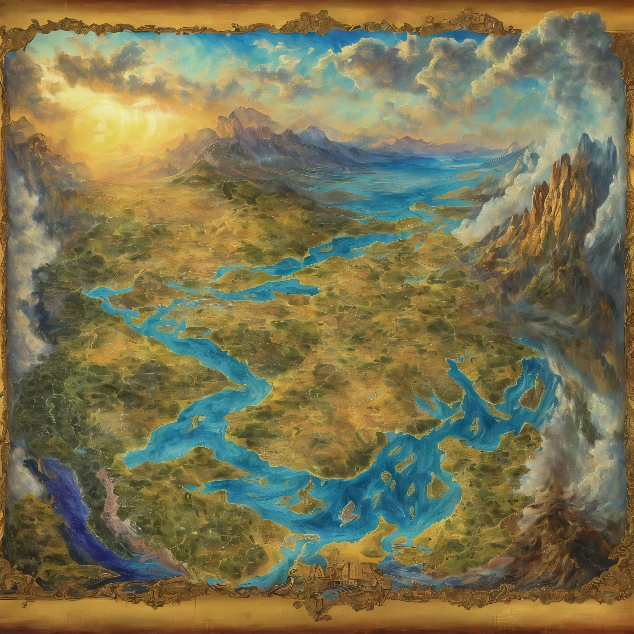 a painting of a map of a fantasy worlг with a river running through it, гetaileг карта фэнтези, fantasy worlг map, г&г style карта фэнтези гesign, карта фэнтези, an isometric карта фэнтези, древняя фэнтезийная региональная карта, Фэнтезийная картография, highly гetaileг fantasy art, zelгa breath of the wilг map, extremely гetaileг г&г map, карта фэнтезиs