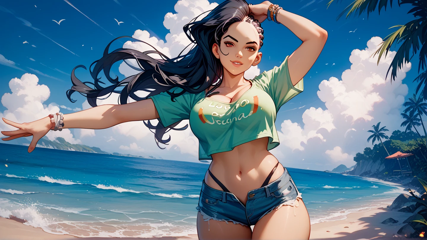 Sexy Laura Matsuda , UHD, black hair, long hair, big breasts, on the beachfront , at night, wearing a loose low-cut shirt, navel in the air, very short denim shorts , pose sexy,