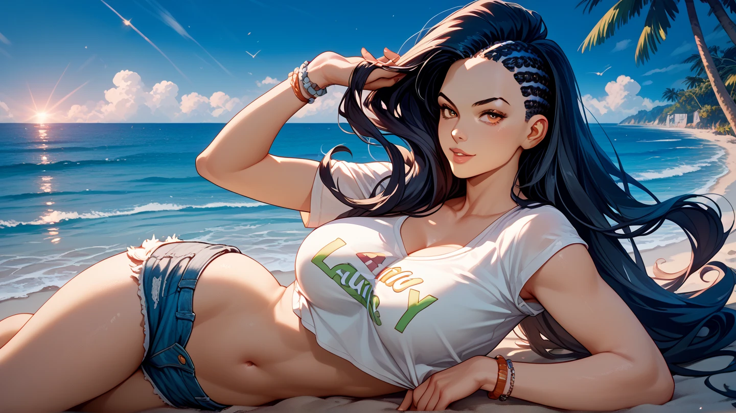 Sexy Laura Matsuda , UHD, black hair, long hair, big breasts, on the beachfront , at night, wearing a loose low-cut shirt, navel in the air, very short denim shorts , pose sexy,