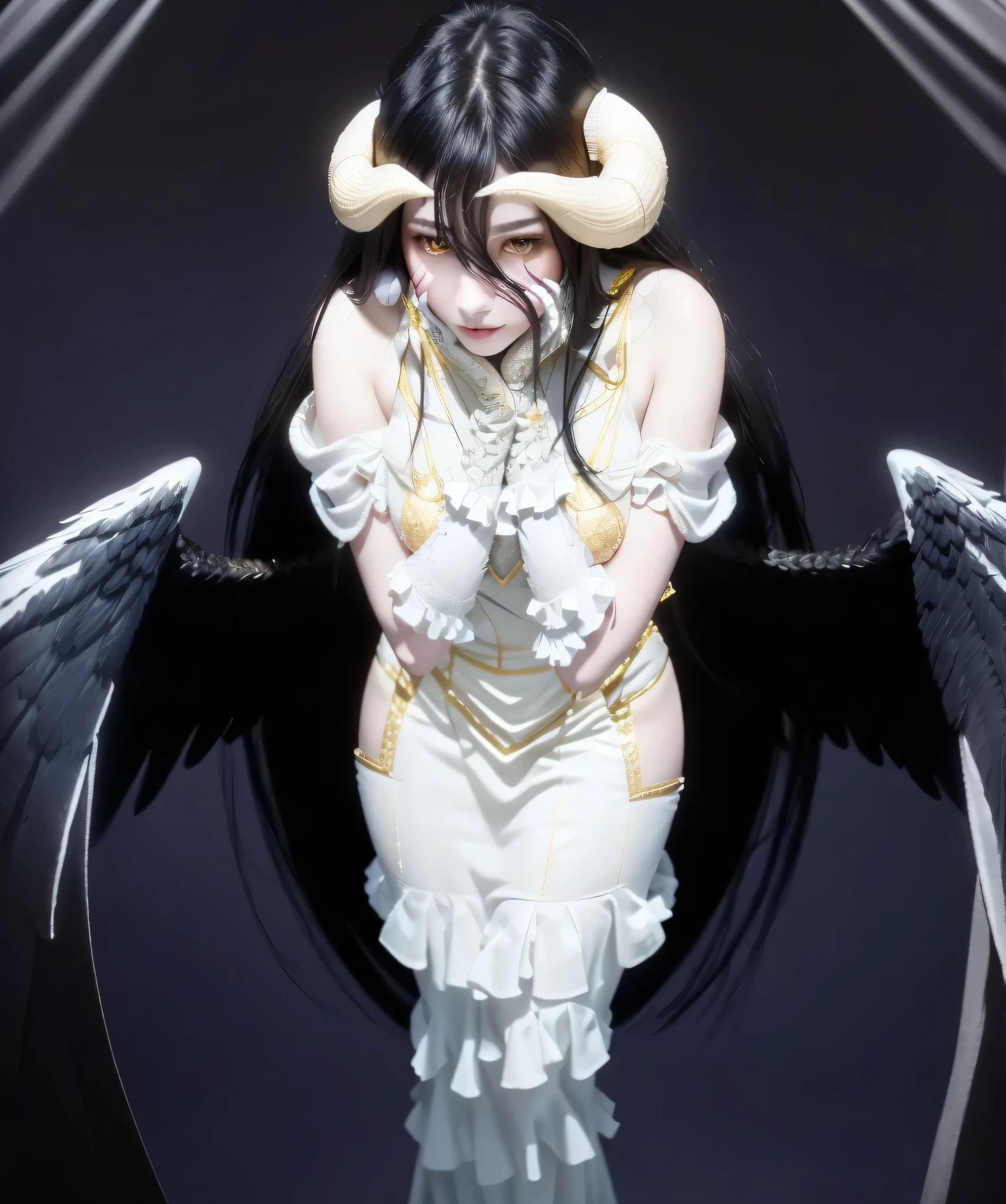 High-resolution, realistic, elegant female character with long black hair, curved horns, sharp yellow eyes with a shy and blushing expression, wearing a white and gold dress with intricate ruffle details, large black angelic wings, standing in a dimly lit interior with a soft and dramatic atmosphere, hands clasped together in a timid pose, cinematic lighting, detailed and lifelike facial features, smooth fabric reflections, hyper-realistic rendering, no distortions, no cartoonish features, balanced and striking composition, professional art quality, art wallpaper 4k, 4k 円.